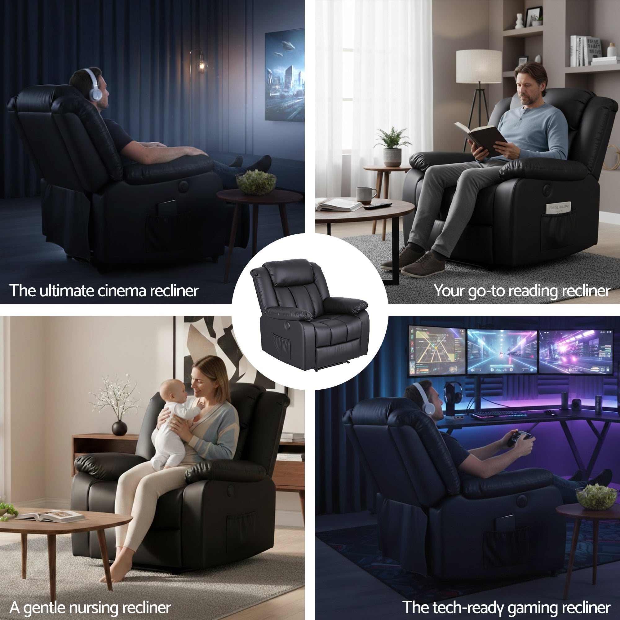 Artiss Manual Massage Recliner Chair for Living Room, Leather Sofa Lounge Reclining Chair with 2 USB Port, 160° Recline Reading Chair with 20CM Wide Armrests, 8 Point Vibration & Lumbar Heat, Black-Furniture > Bar Stools & Chairs > Arm Chairs & Recliners-PEROZ Accessories