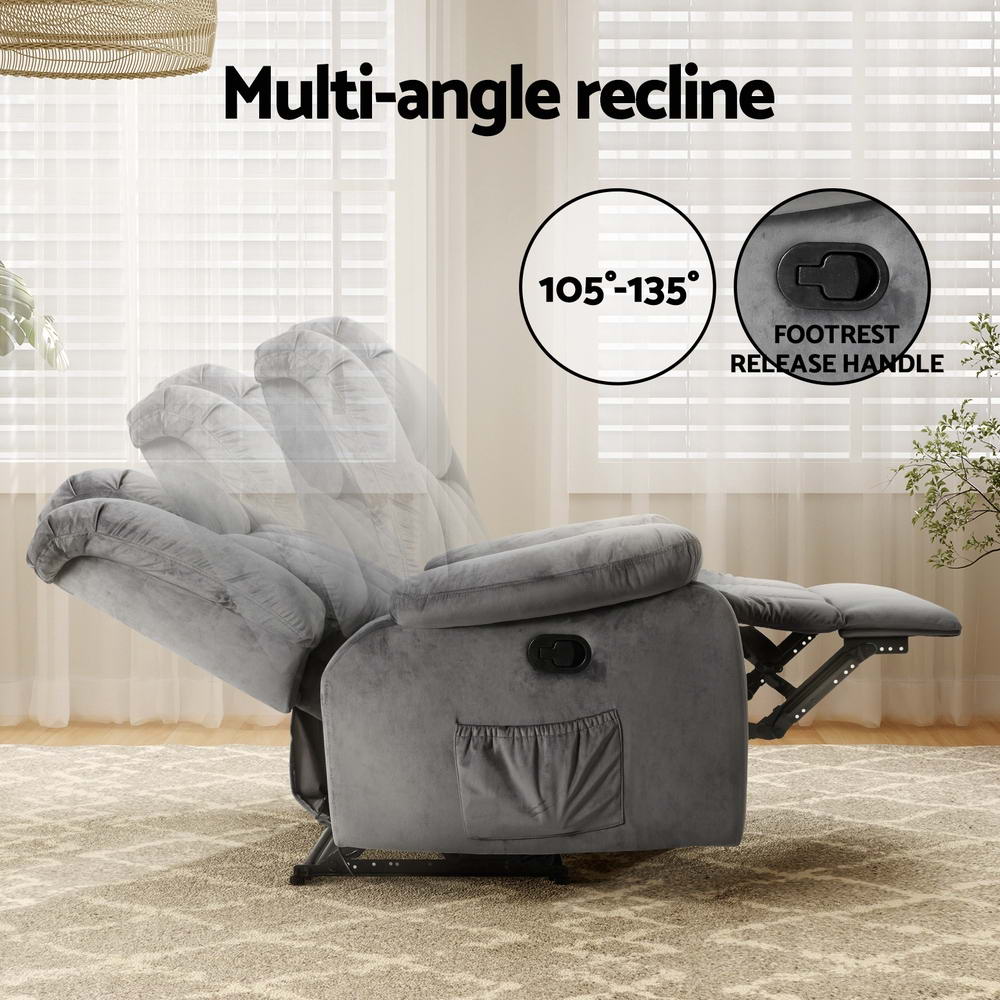 Artiss Recliner Chair Electric Massage Chair Velvet Lounge Sofa Heated Grey-Furniture > Living Room-PEROZ Accessories