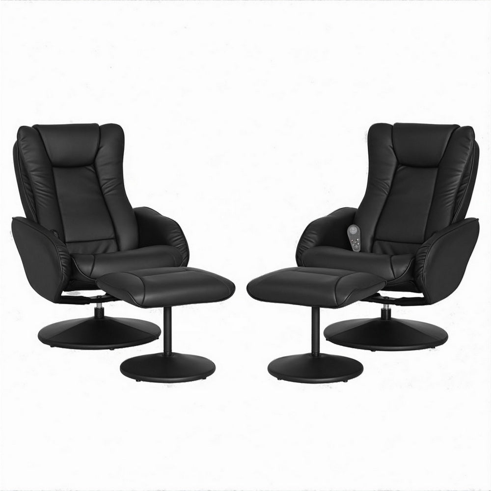 Artiss 2X Recliner Chair Ottoman Heated Massage Black-Furniture > Bar Stools & Chairs > Arm Chairs & Recliners-PEROZ Accessories
