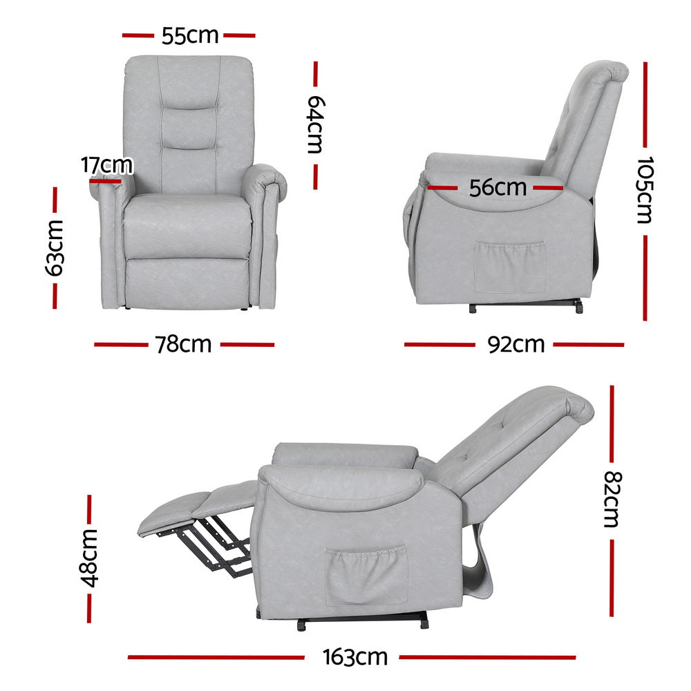 Artiss Recliner Chair Lift Assist Chair Leather Grey-Furniture > Bar Stools & Chairs-PEROZ Accessories