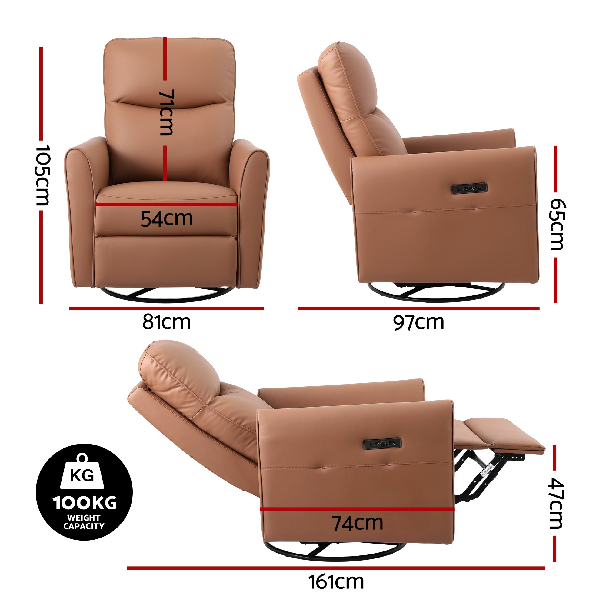 Artiss Swivel Recliner Chair Leather Rocking Reclining Sofa with Charging Ports LED Brown-Furniture > Bar Stools & Chairs > Arm Chairs & Recliners-PEROZ Accessories