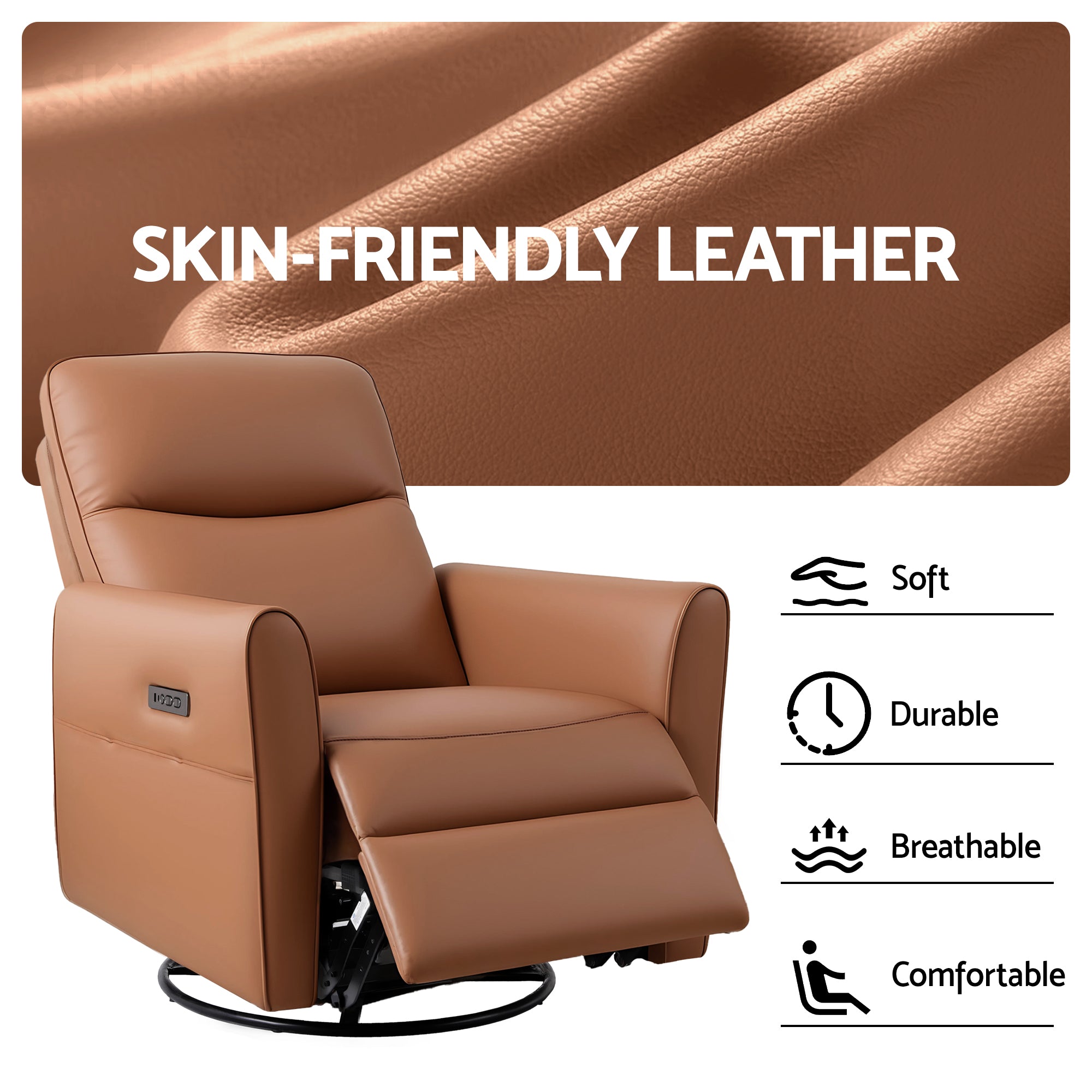 Artiss Swivel Recliner Chair Leather Rocking Reclining Sofa with Charging Ports LED Brown-Furniture > Bar Stools & Chairs > Arm Chairs & Recliners-PEROZ Accessories