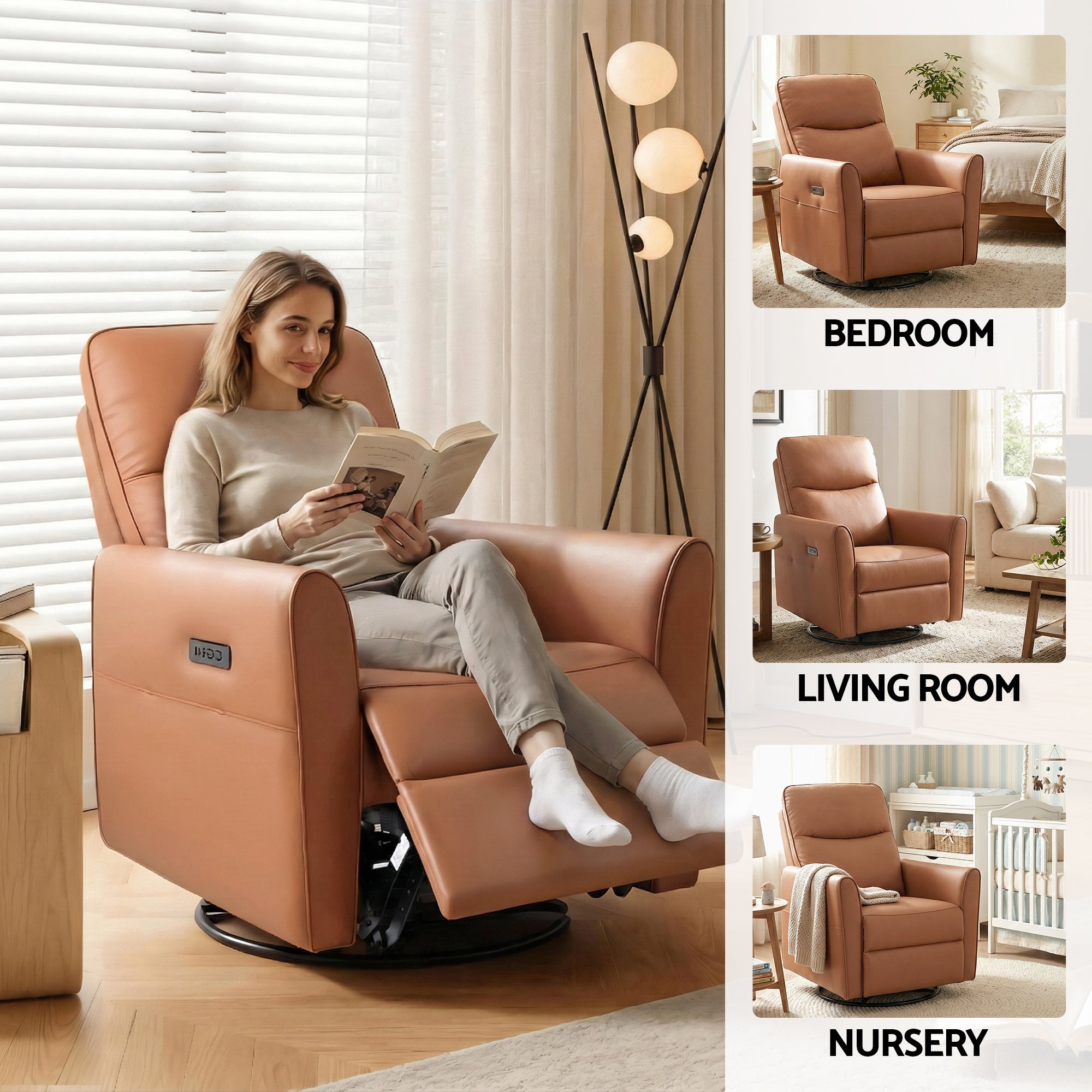 Artiss Swivel Recliner Chair Leather Rocking Reclining Sofa with Charging Ports LED Brown-Furniture > Bar Stools & Chairs > Arm Chairs & Recliners-PEROZ Accessories