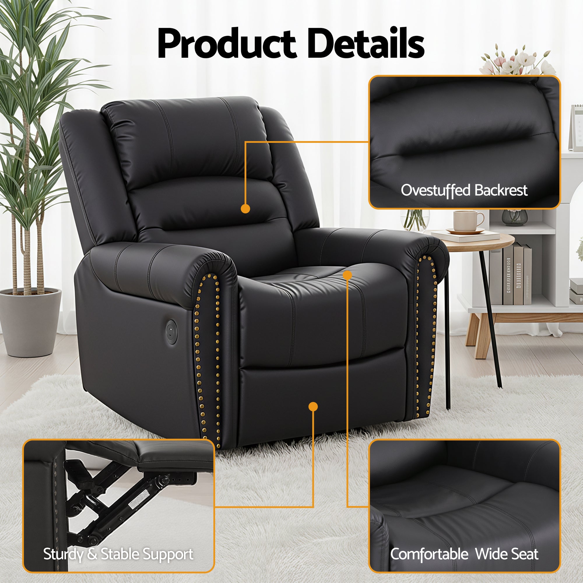 Artiss Leather Manual Recliner Chair with USB Charge Port, Overstuffed Armchair Sofa for Living Room and Nursery, Asjustable Theater Reclining Lounge with Comfortable Wide Seat, 150kg Capacity, Black-Furniture > Bar Stools & Chairs > Arm Chairs & Recliners-PEROZ Accessories