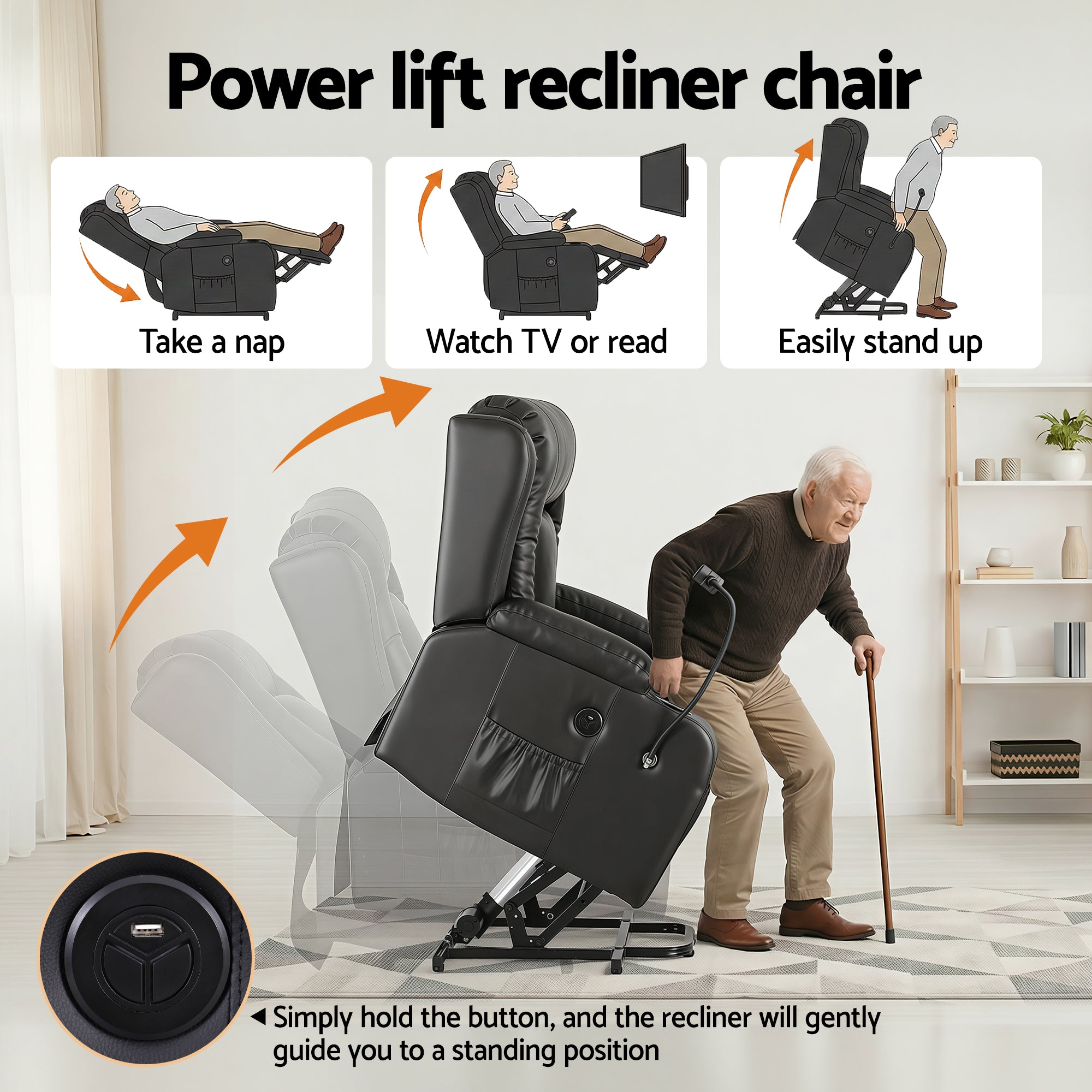 Artiss Power Lift Recliner Chair with Massage and Heat for Elderly, Electric Sofa Reclining Chair with USB and Phone Holder, PU Leather Comfy Armchair for Living Room, 2 Cup Holder & 4 Pockets, Black-Furniture > Bar Stools & Chairs > Arm Chairs & Recliners-PEROZ Accessories