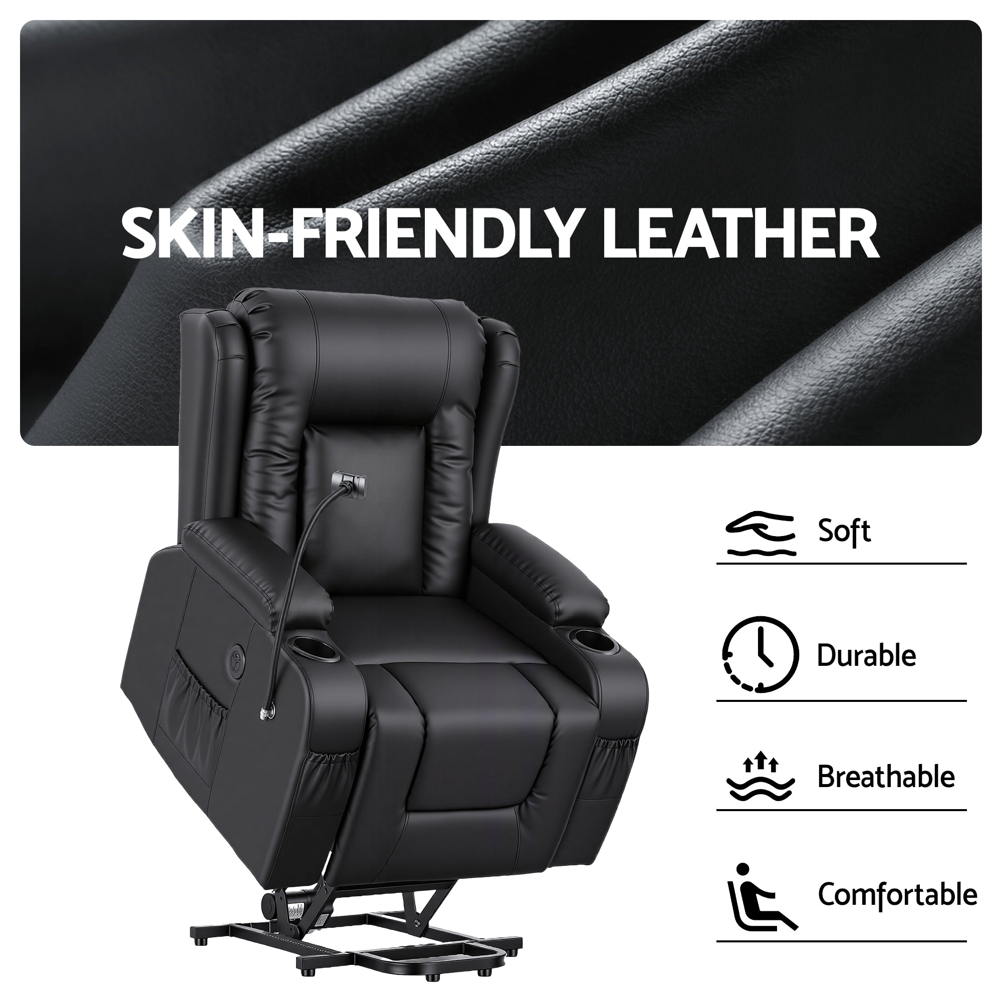 Artiss Power Lift Recliner Chair with Massage and Heat for Elderly, Electric Sofa Reclining Chair with USB and Phone Holder, PU Leather Comfy Armchair for Living Room, 2 Cup Holder & 4 Pockets, Black-Furniture > Bar Stools & Chairs > Arm Chairs & Recliners-PEROZ Accessories