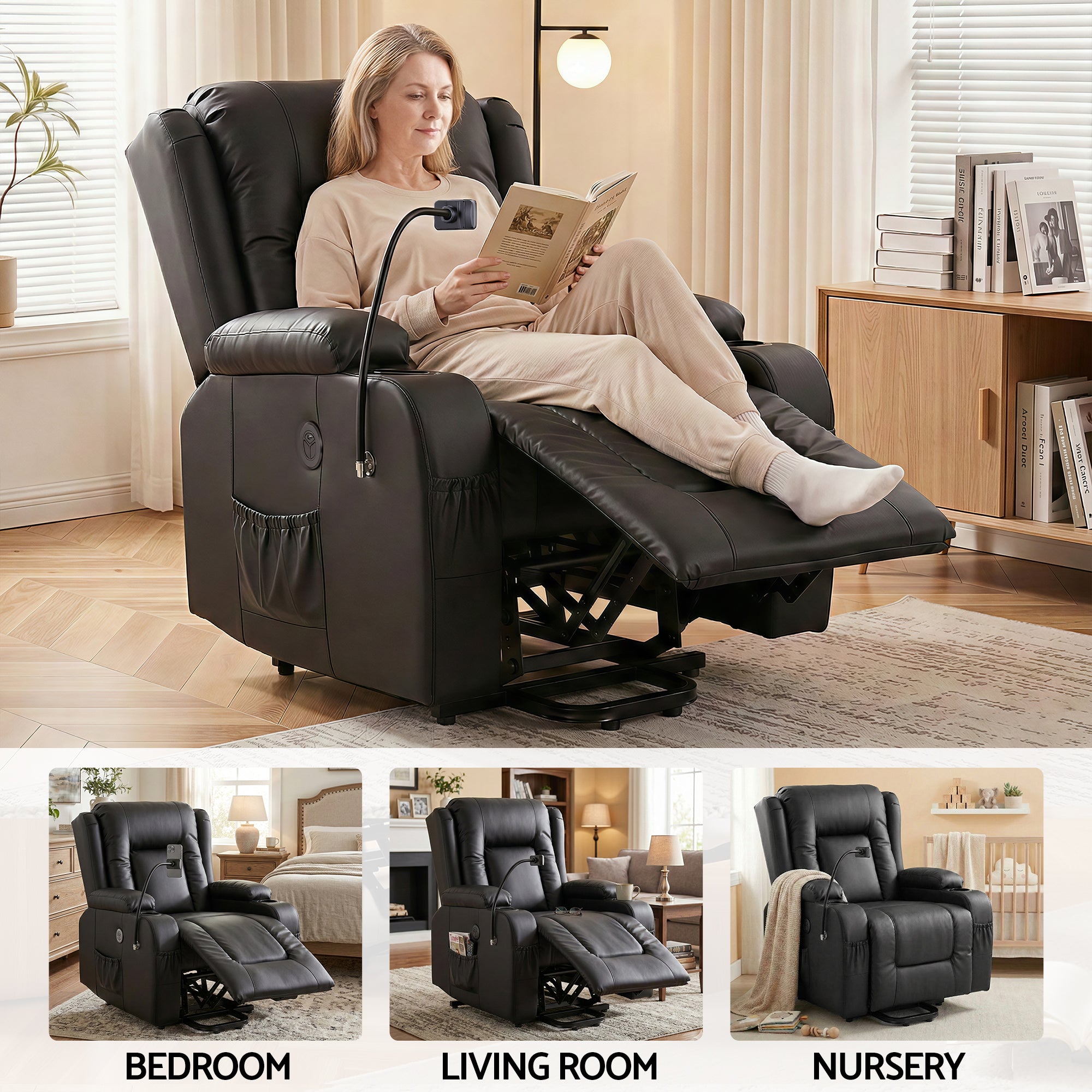 Artiss Power Lift Recliner Chair with Massage and Heat for Elderly, Electric Sofa Reclining Chair with USB and Phone Holder, PU Leather Comfy Armchair for Living Room, 2 Cup Holder & 4 Pockets, Black-Furniture > Bar Stools & Chairs > Arm Chairs & Recliners-PEROZ Accessories