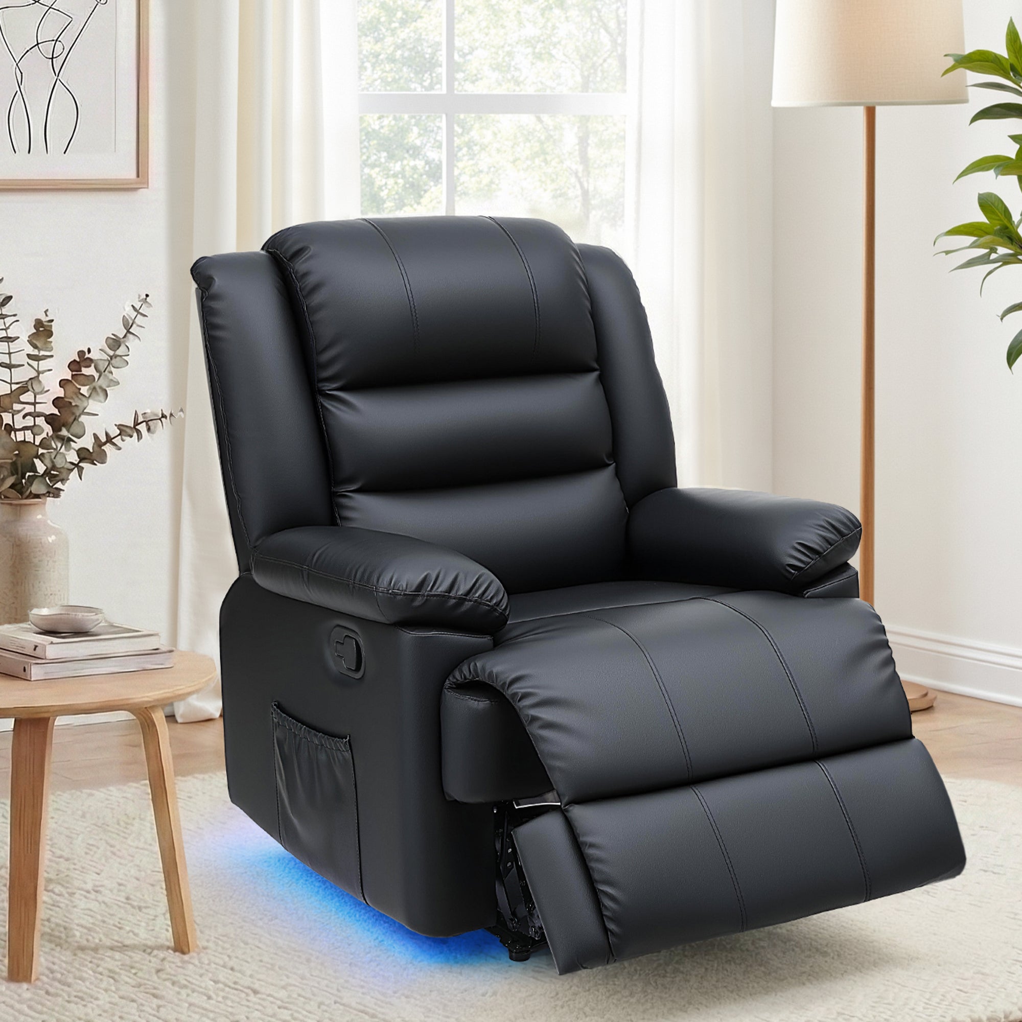 Artiss Manual Recliner Chair Leather Reclining Sofa with 16color Led Black-Furniture > Bar Stools & Chairs > Arm Chairs & Recliners-PEROZ Accessories