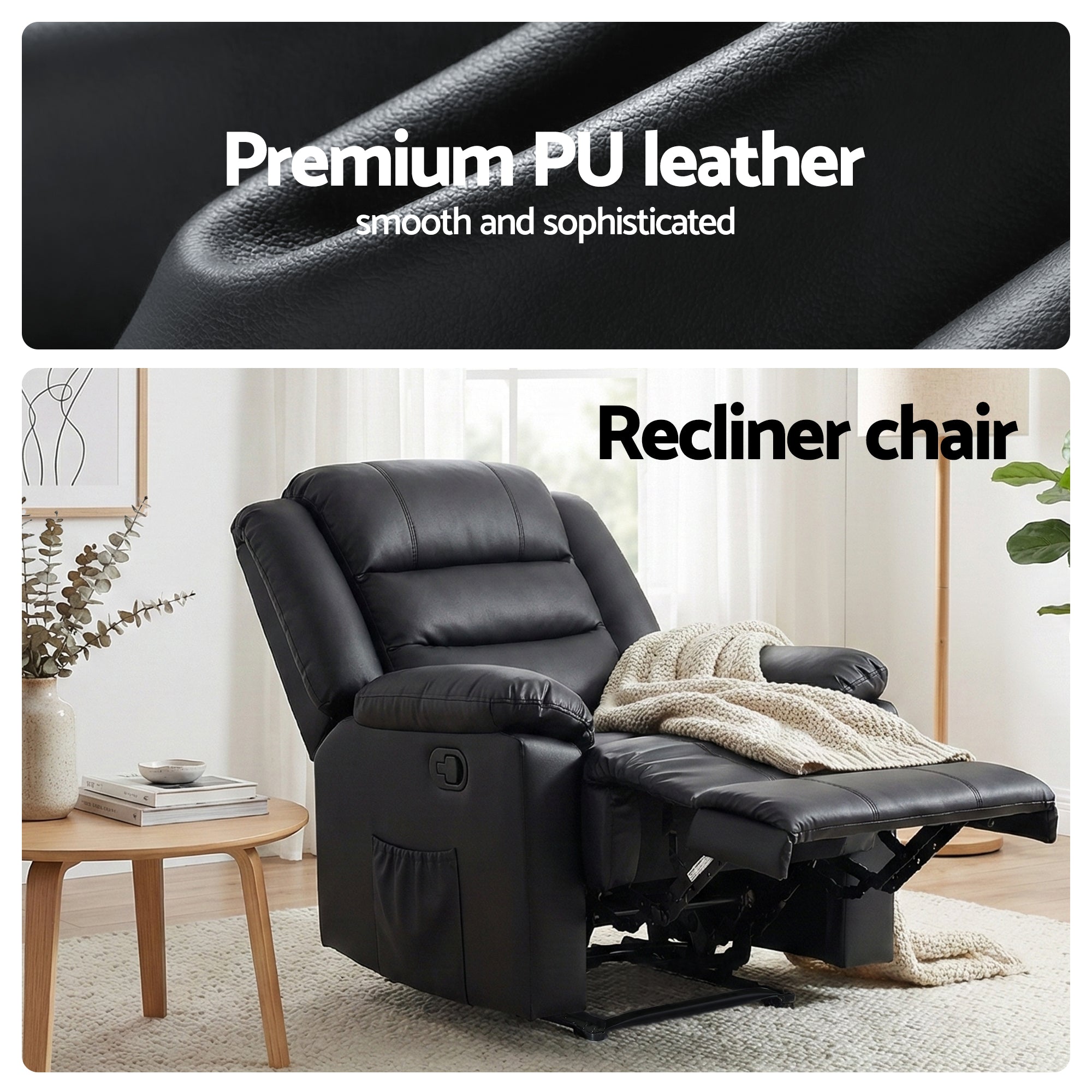 Artiss Manual Recliner Chair Leather Reclining Sofa with 16color Led Black-Furniture > Bar Stools & Chairs > Arm Chairs & Recliners-PEROZ Accessories