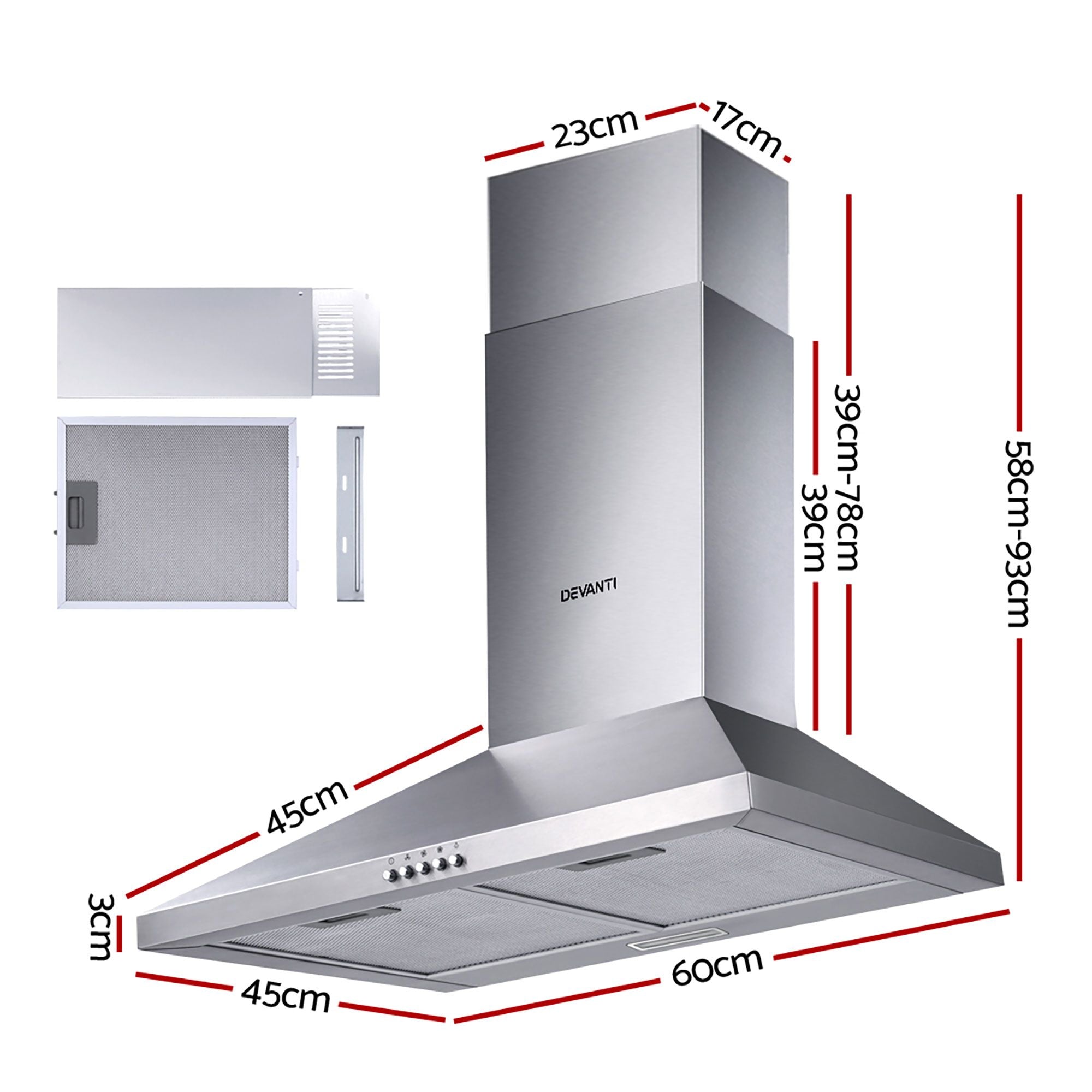 Devanti 600mm Range Hood 60cm Rangehood Stainless Steel-Rangehoods-PEROZ Accessories
