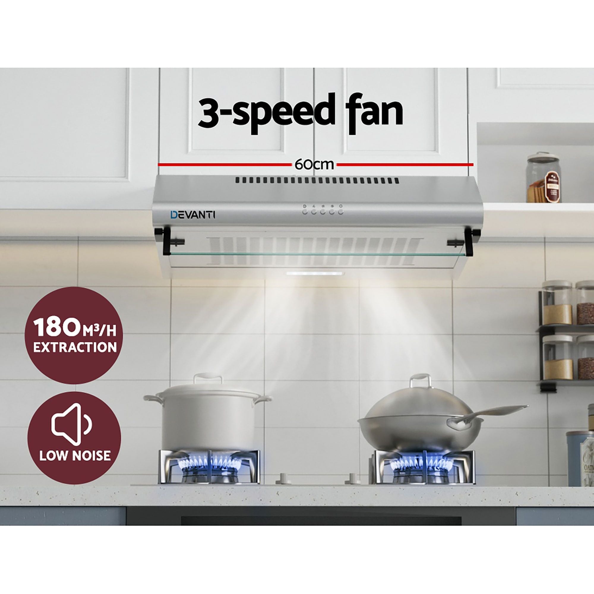 Devanti 600mm Range Hood 60cm Rangehood Kitchen Canopy LED Light Stainless Steel-Appliances > Kitchen Appliances-PEROZ Accessories