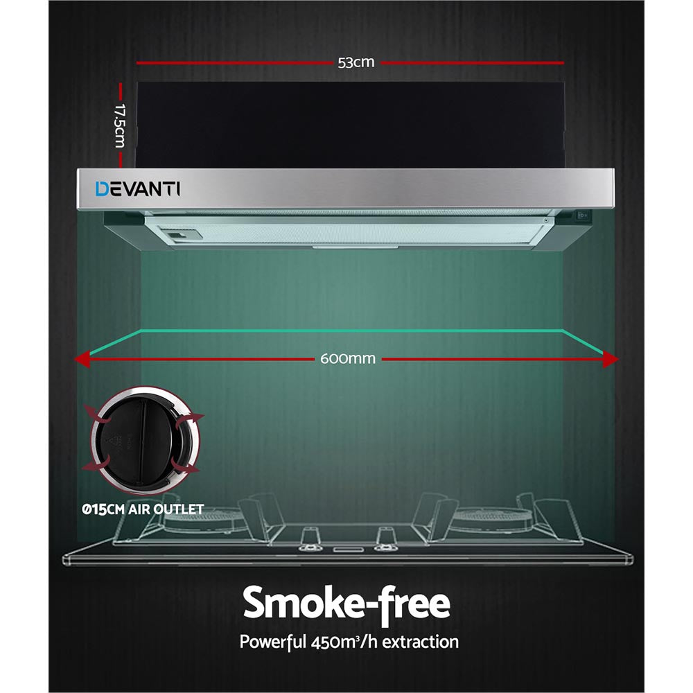 Devanti 600mm Range Hood 60cm Slide out Rangehood Stainless Steel-Rangehoods-PEROZ Accessories