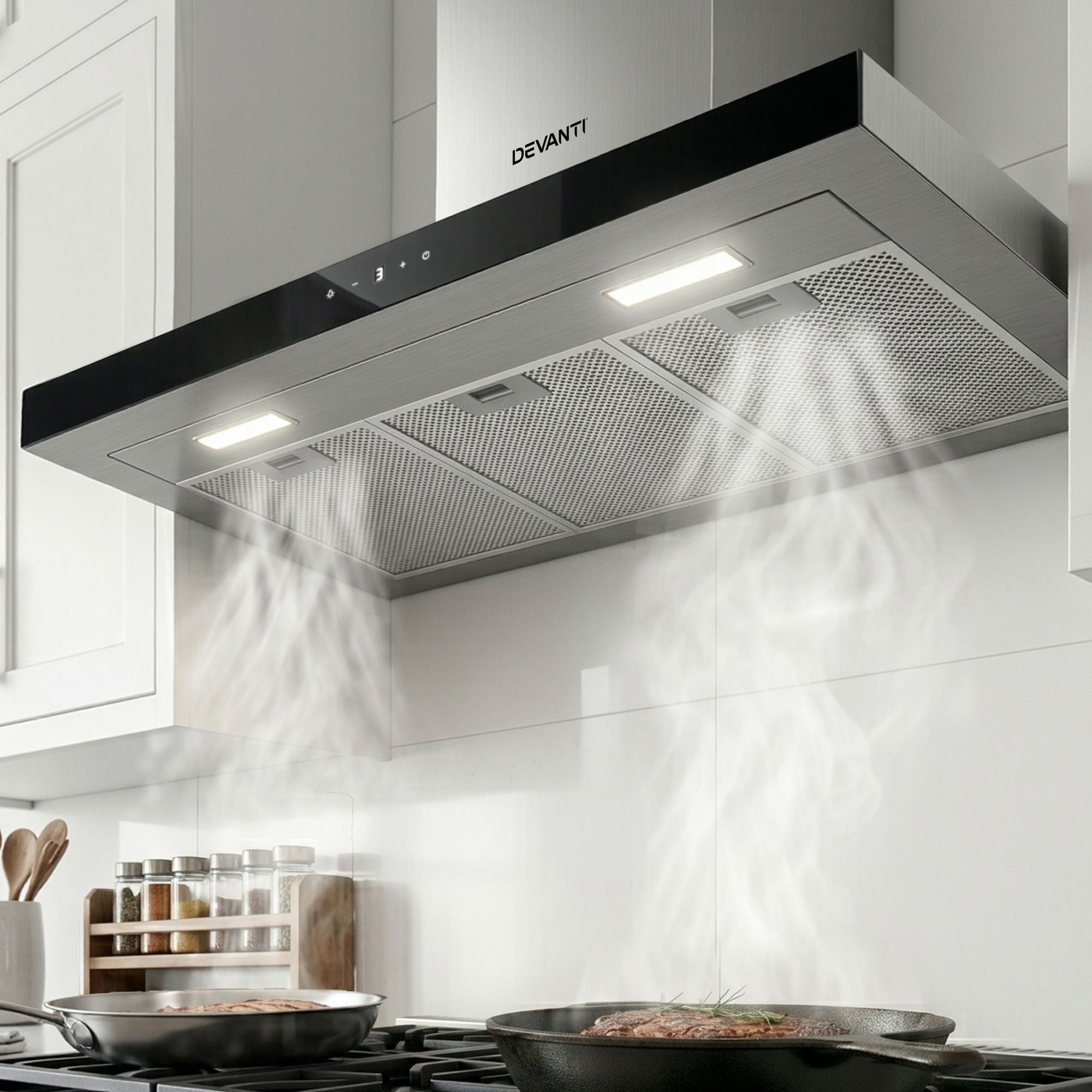 Devanti 900mm Range Hood 90cm Rangehood Glass Stainless Steel-Rangehoods-PEROZ Accessories