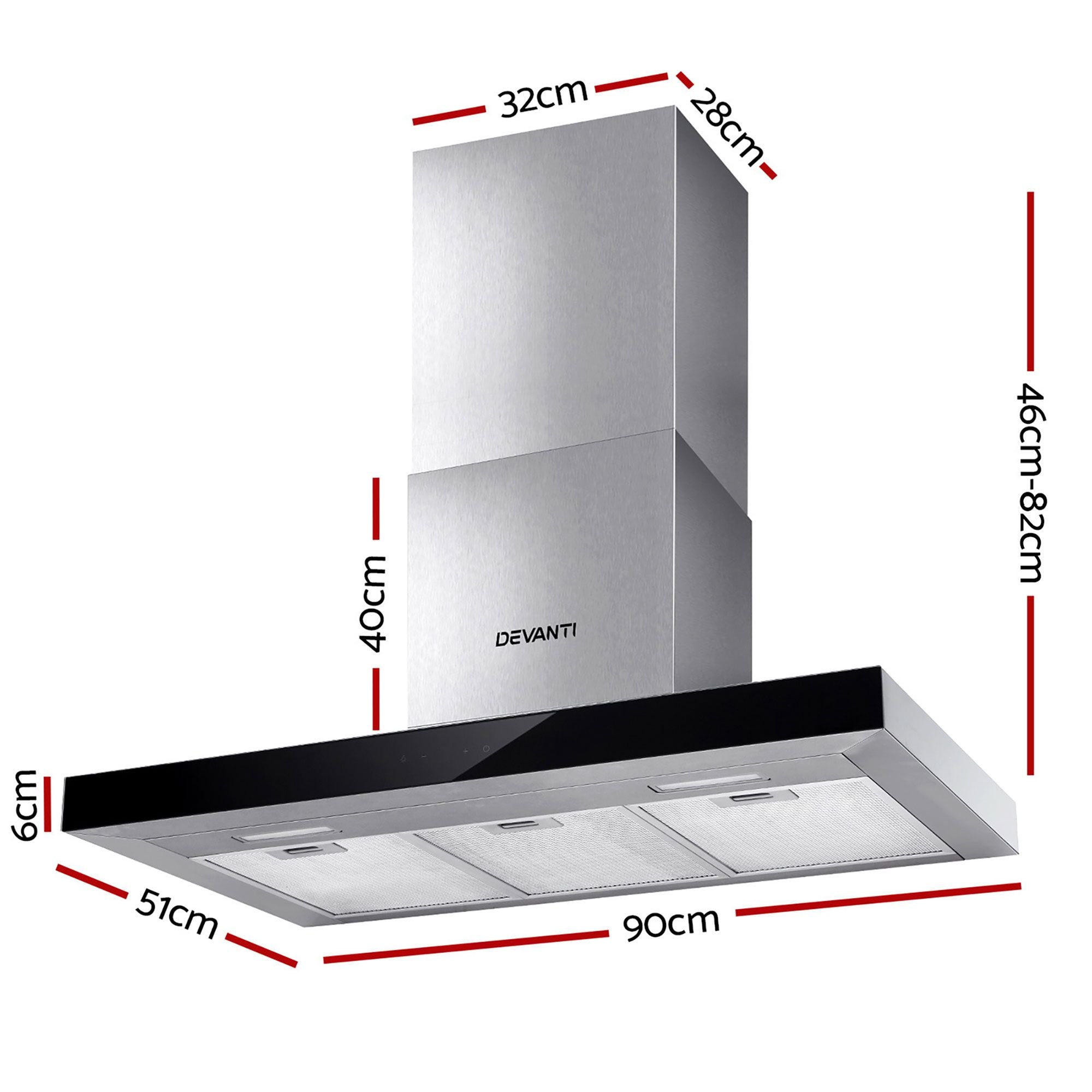 Devanti 900mm Range Hood 90cm Rangehood Glass Stainless Steel-Rangehoods-PEROZ Accessories
