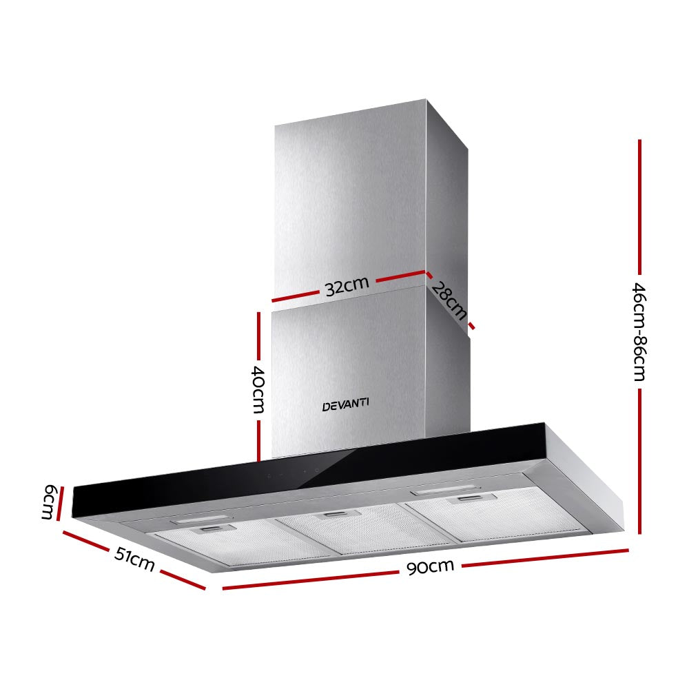 Devanti 900mm Range Hood 90cm Rangehood Glass Stainless Steel-Rangehoods-PEROZ Accessories