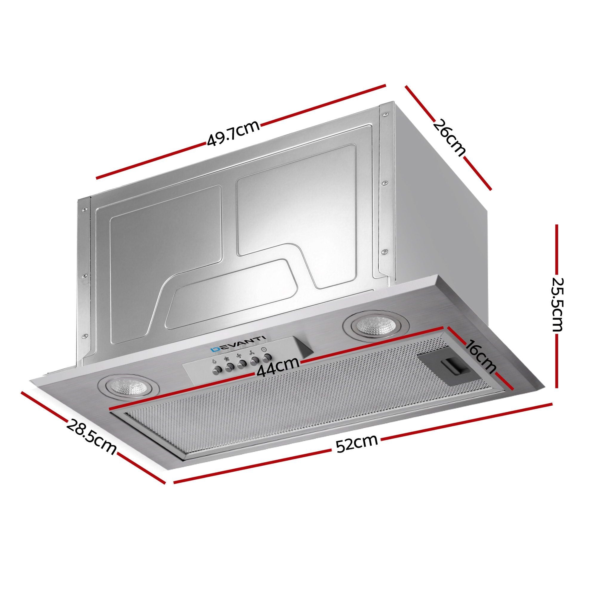 Devanti 520mm Range Hood 52cm Rangehood Stainless Steel-Rangehoods-PEROZ Accessories