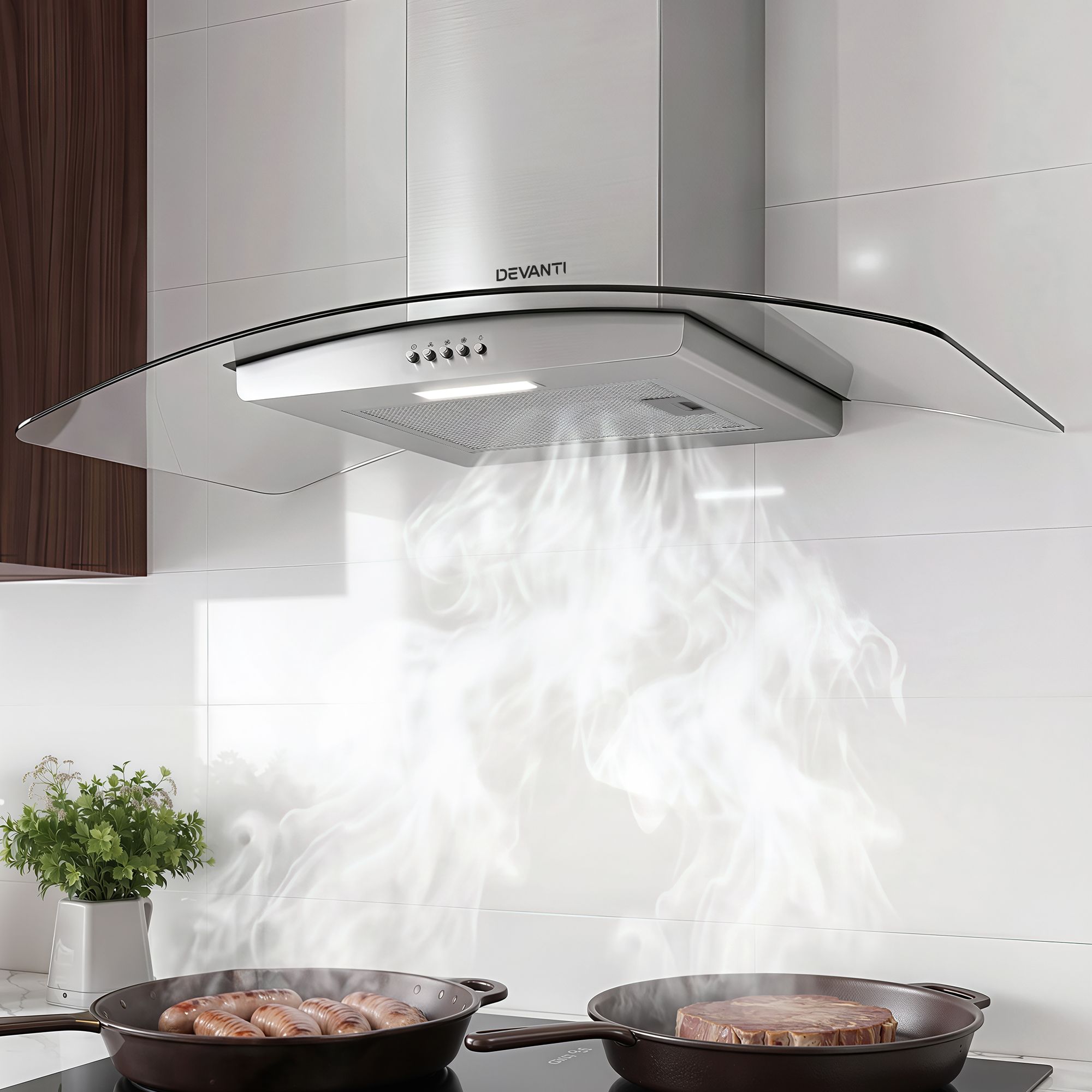 Devanti 90cm Range Hood Curved Glass Canopy Rangehood Kitchen Exhaust Fan-Appliances > Kitchen Appliances > Cooking Ranges-PEROZ Accessories