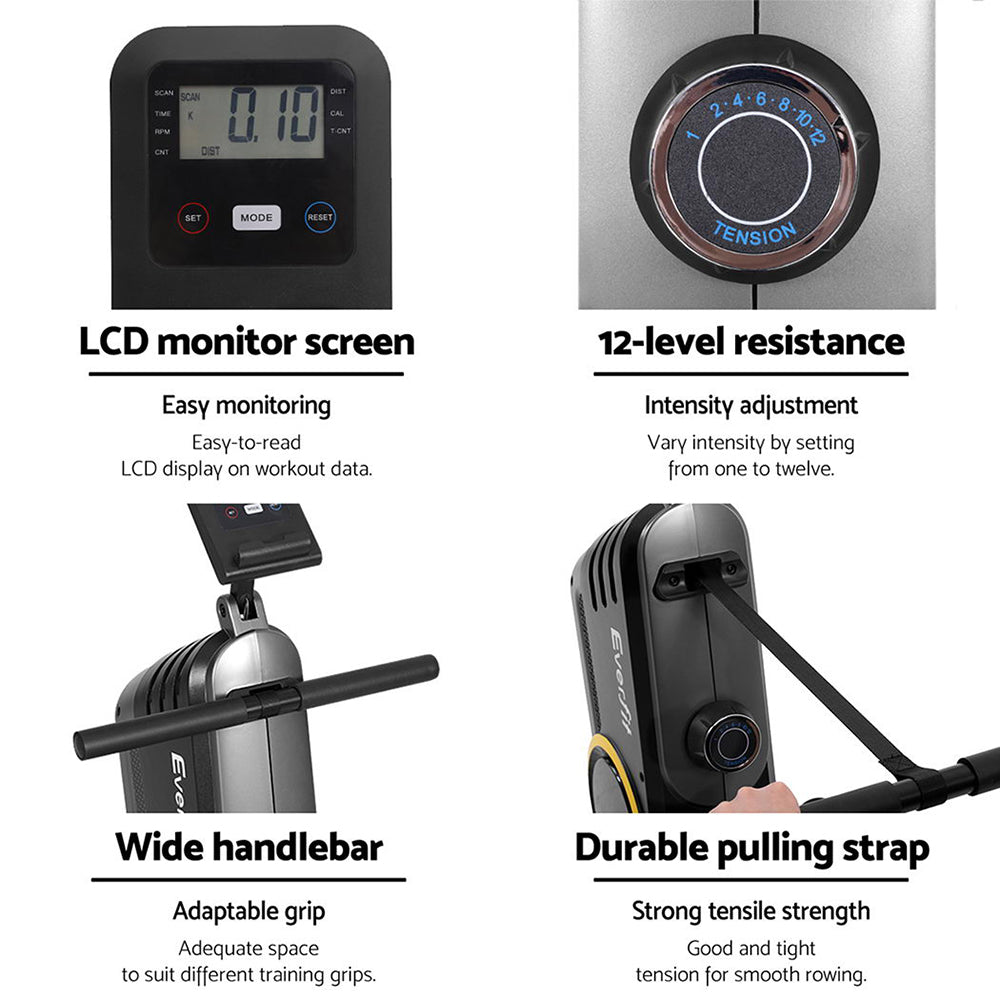 Everfit Rowing Machine 12 Levels Magnetic Rower Fitness Gym Cardio Workout-Sports & Fitness > Exercise, Gym & Fitness > Gym & Training Step-PEROZ Accessories