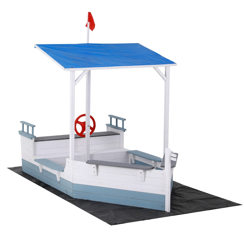 Keezi Kids Sandpit Wooden Box Boat Canopy Flag Outdoor Toys Children Blue-Baby & Kids > Baby & Kid&