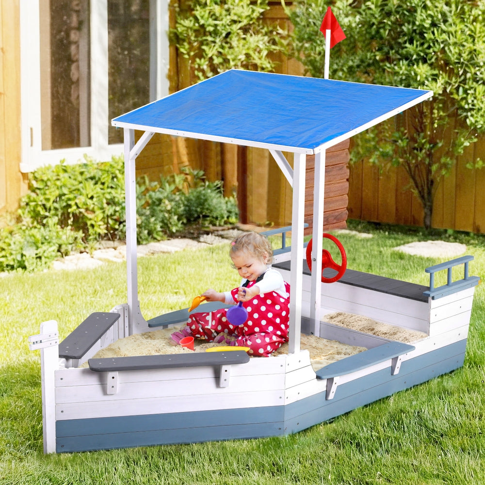 Keezi Kids Sandpit Wooden Box Boat Canopy Flag Outdoor Toys Children Blue-Baby & Kids > Baby & Kid&