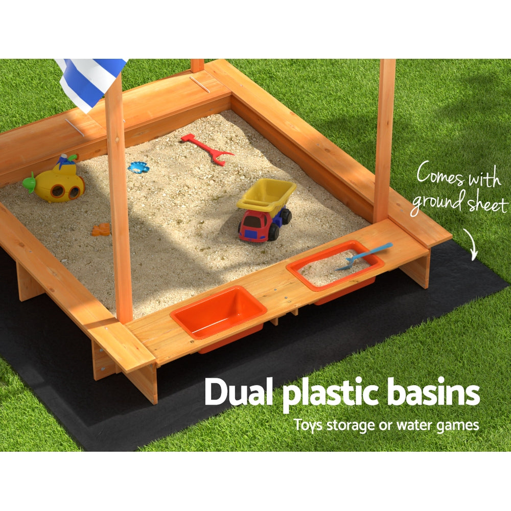 Keezi Kids Sandpit Wooden Sandbox Sand Pit with Canopy Water Basin Toys 146cm-Baby & Kids > Baby & Kid&
