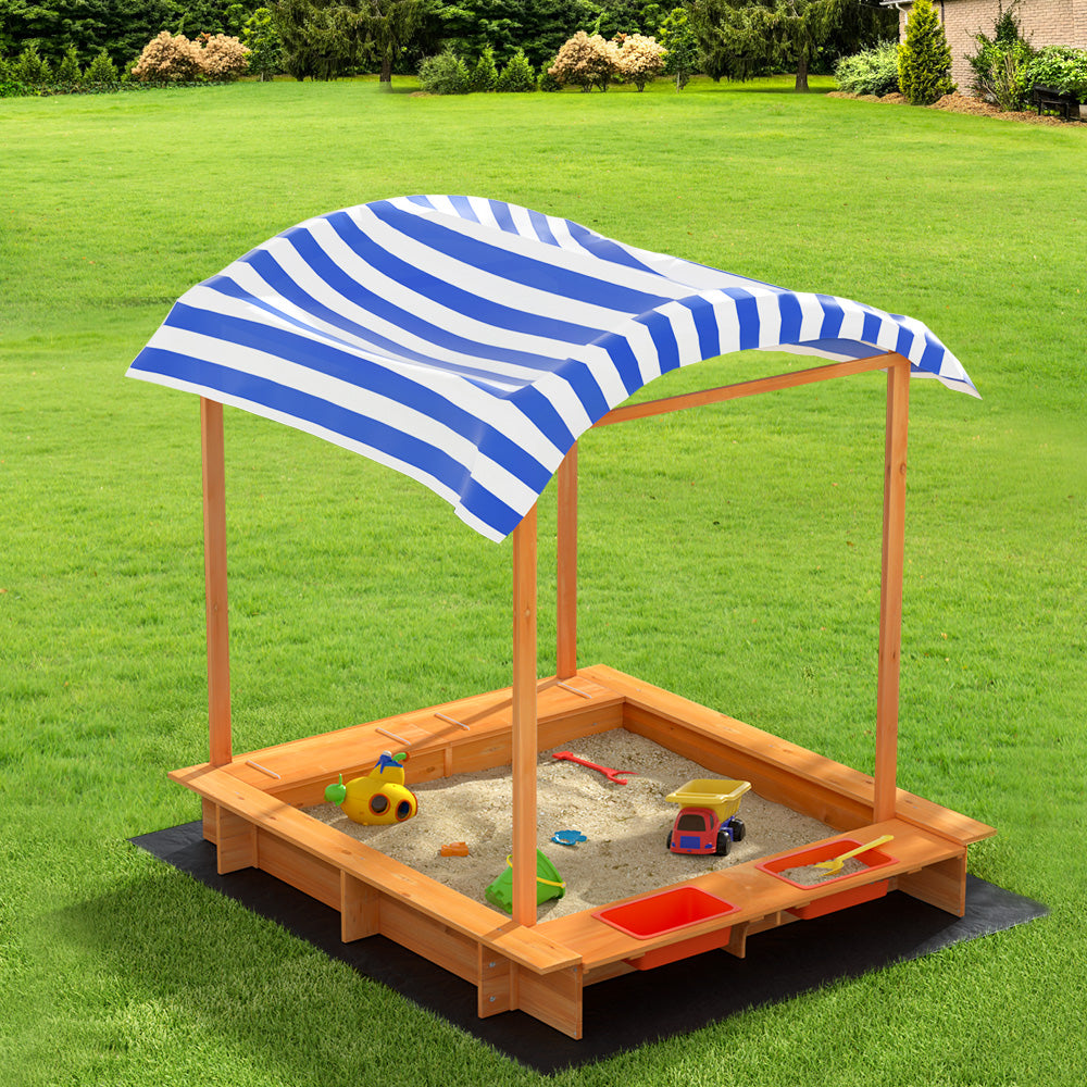 Keezi Kids Sandpit Wooden Sandbox Sand Pit with Canopy Water Basin Toys 146cm-Baby & Kids > Baby & Kid&