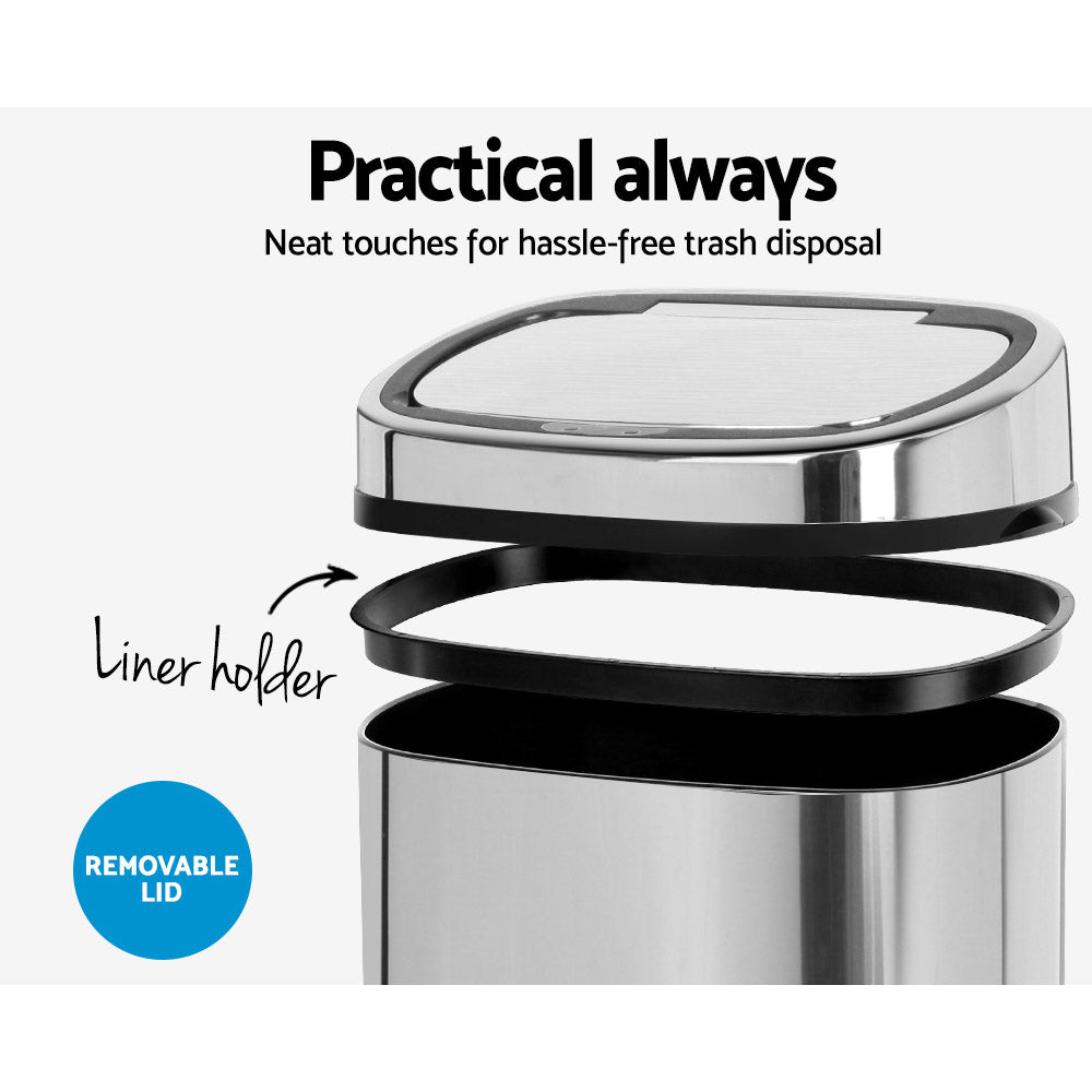 Devanti 68L Motion Sensor Bin Rubbish Automatic Silver-Home & Garden > Kitchen Bins-PEROZ Accessories