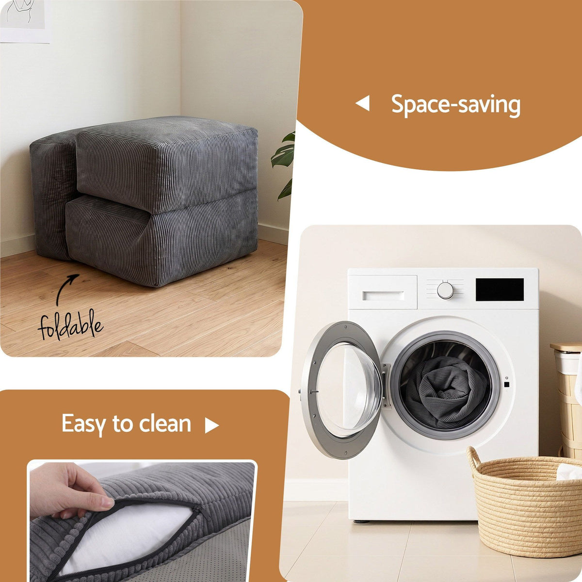 Artiss Foldable Bean Bag Sofa Bed Cloud Couch Boneless Floor Lounger Chair Grey-Furniture > Sofas > Sofas & Sofa Beds-PEROZ Accessories