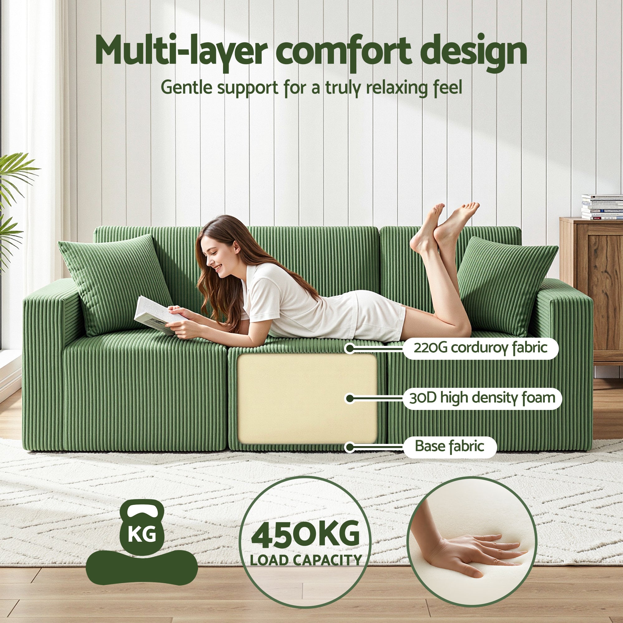 Artiss Modular 3-Seater Sofa Bed Convertible Sectional Floor Couch with Deep Seat-Furniture > Sofas > Sofas & Sofa Beds-PEROZ Accessories