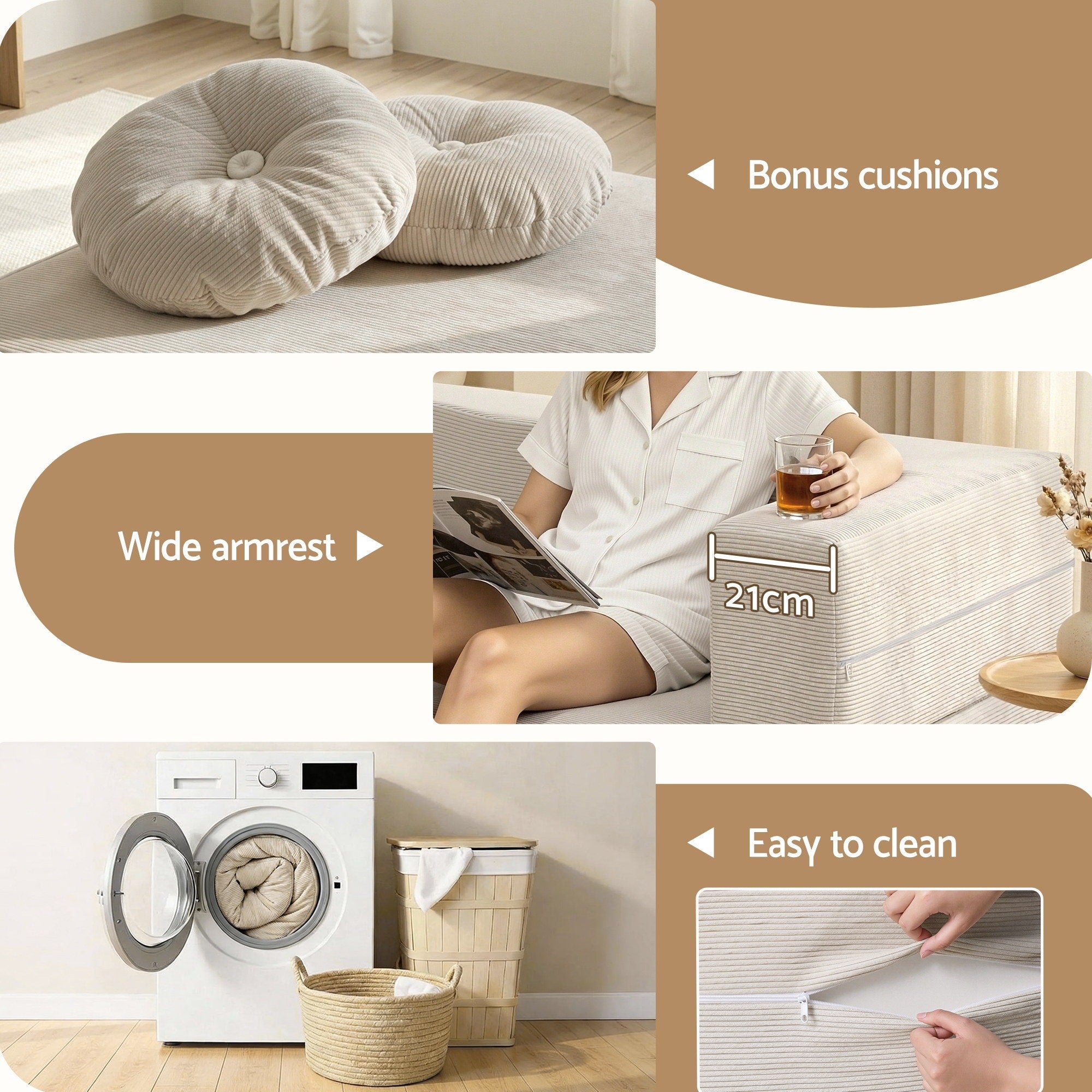 Artiss Folding Sofa Bed Floor Couch 2-in-1 Convertible Futon Loveseat Beige-Furniture > Sofas > Sofas & Sofa Beds-PEROZ Accessories