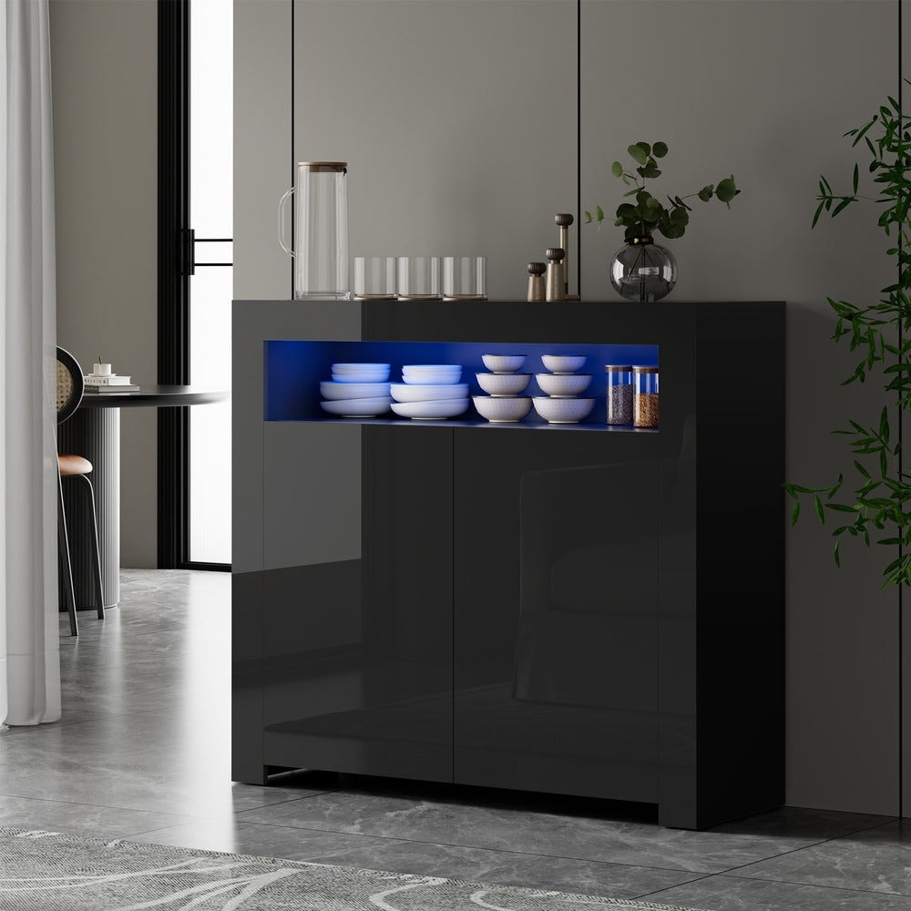 Oikiture Buffet Sideboard LED RGB High Gloss 2 Doors Black-Sideboards-PEROZ Accessories