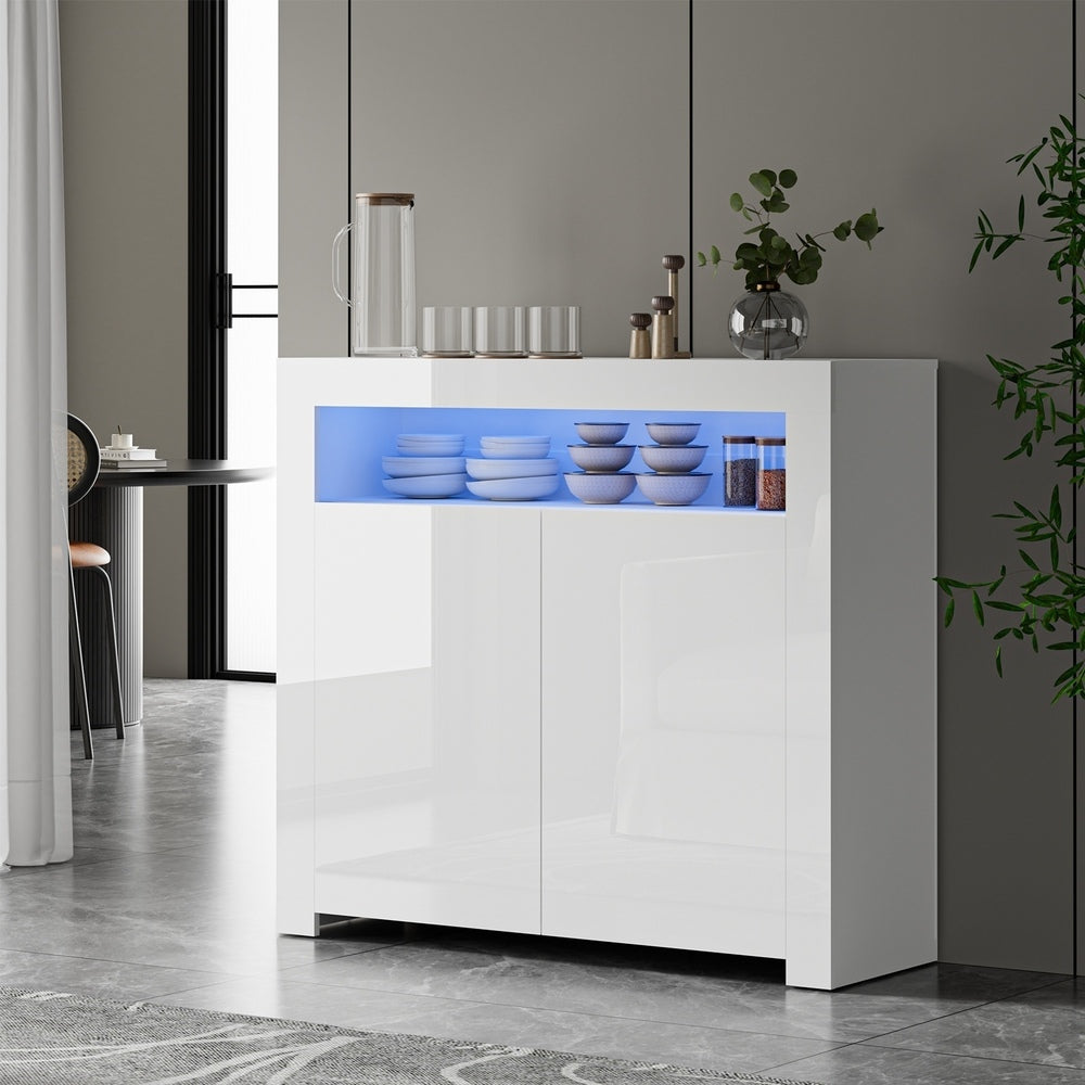 Oikiture Buffet Sideboard LED RGB High Gloss 2 Doors White-Sideboards-PEROZ Accessories