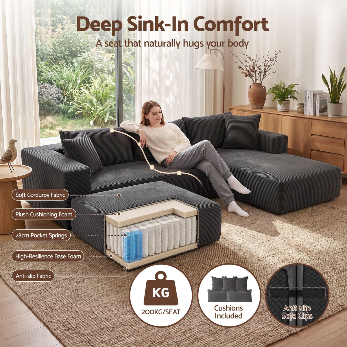 Artiss Modular Sectional Sofa Bed U-Shape 4-Seater Couch Chaise Ottoman Corduroy-Furniture > Sofas > Sofas & Sofa Beds-PEROZ Accessories