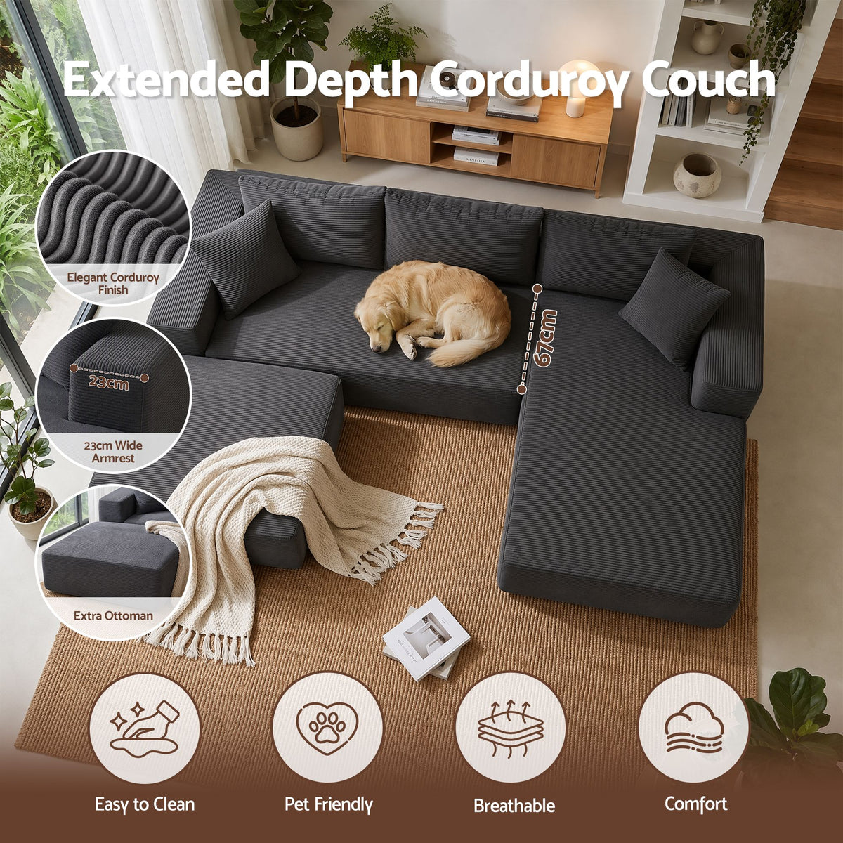 Artiss Modular Sectional Sofa Bed U-Shape 4-Seater Couch Chaise Ottoman Corduroy-Furniture > Sofas > Sofas & Sofa Beds-PEROZ Accessories