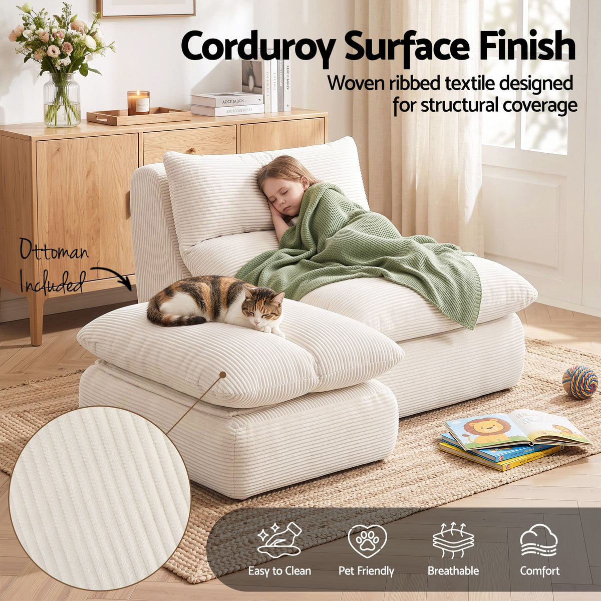Artiss Lounge Chair Ottoman Single Sofa Couch Boneless Corduroy Chaise Footrest-Furniture > Sofas > Sofas & Sofa Beds-PEROZ Accessories