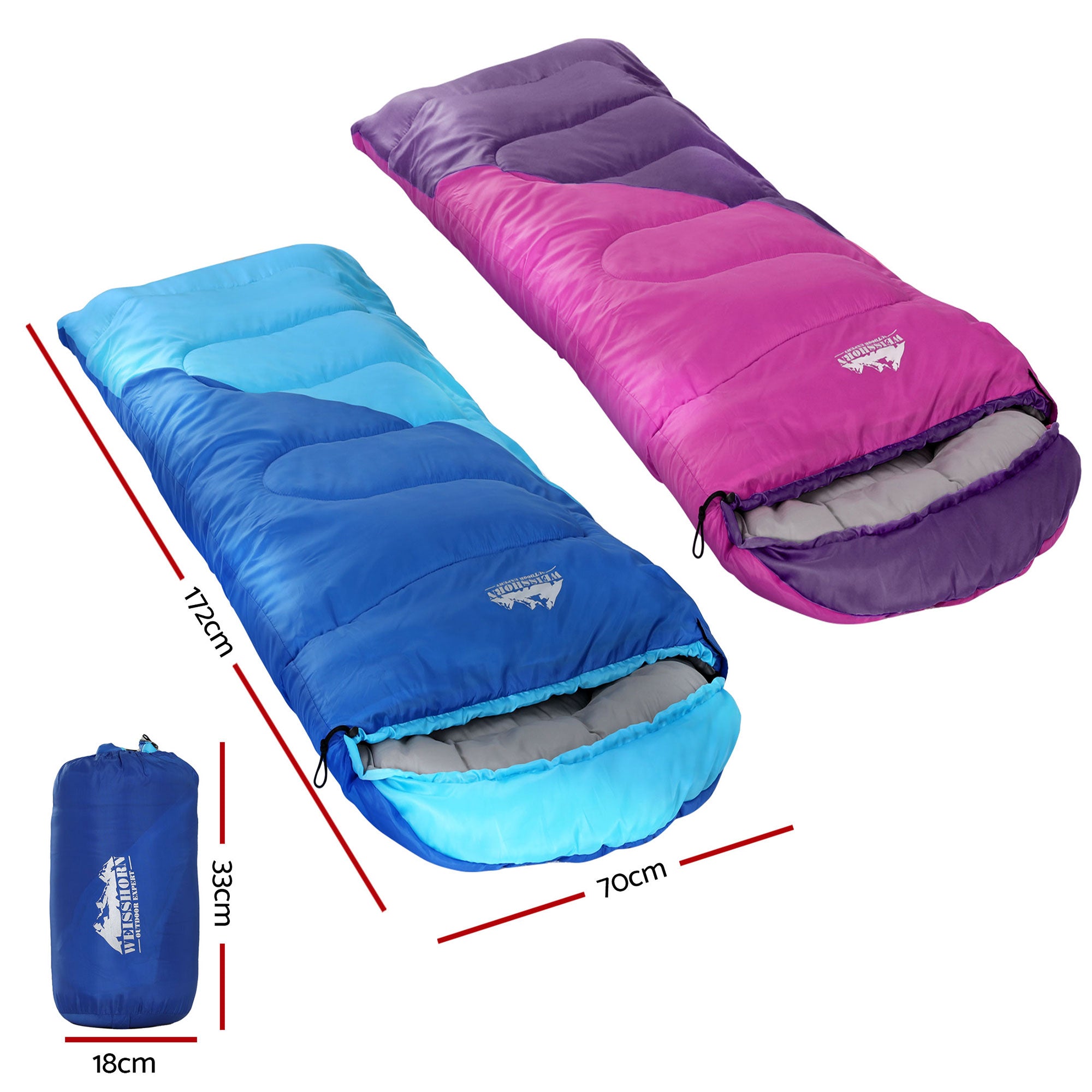 Weisshorn Sleeping Bag Set of 2 Kids Single 172cm Thermal Camping Hiking-Outdoor Recreation > Camping > Sleeping Bags-PEROZ Accessories