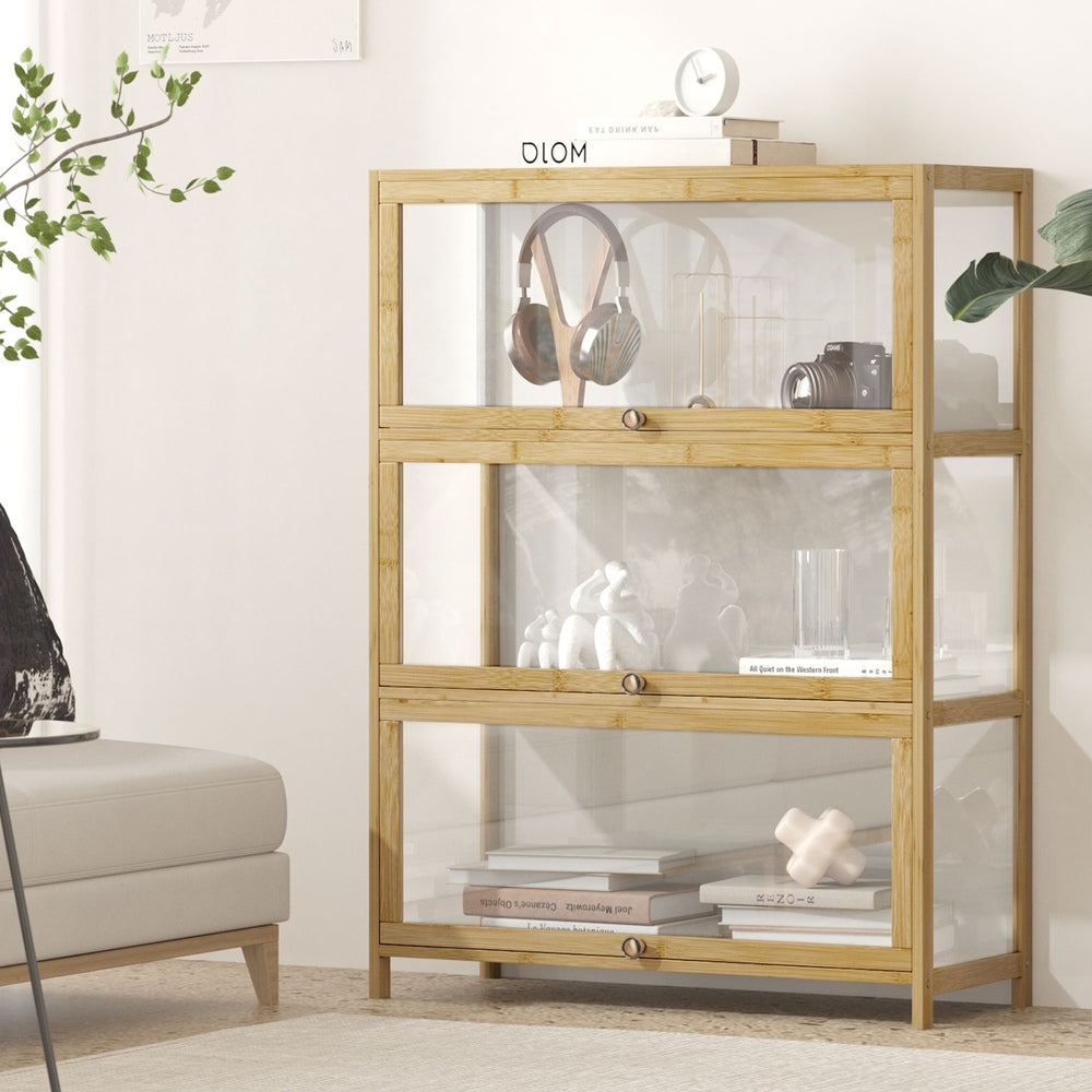 Oikiture Display Cabinet 3-Tier Shelves Clear Oak-Storage Cabinets-PEROZ Accessories