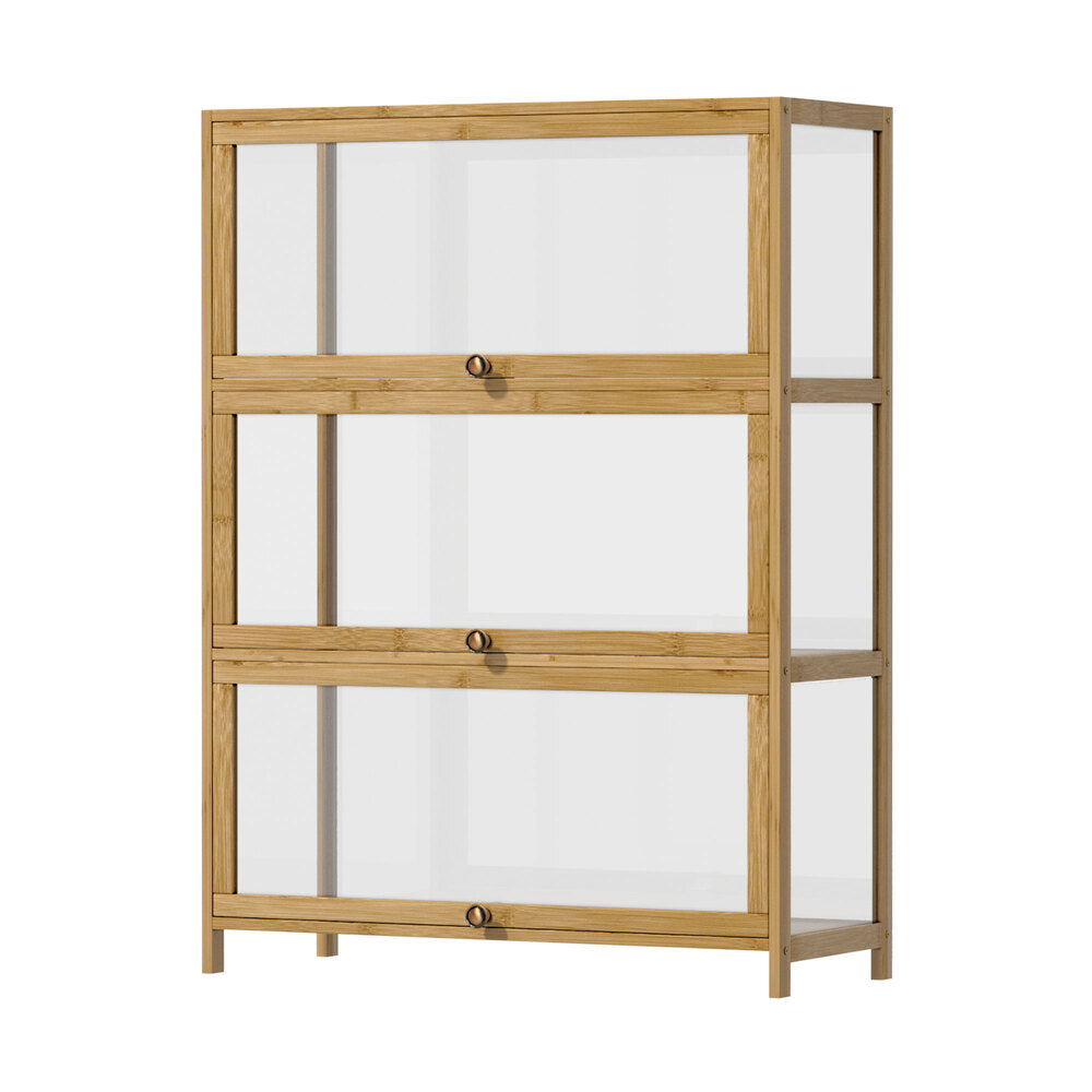 Oikiture Display Cabinet 3-Tier Shelves Clear Oak-Storage Cabinets-PEROZ Accessories