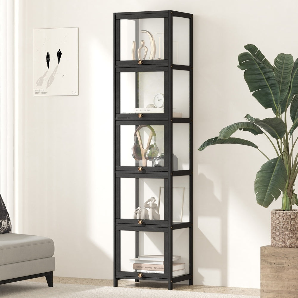 Oikiture Display Cabinet Slim 5-Tier Clear Black-Storage Cabinets-PEROZ Accessories