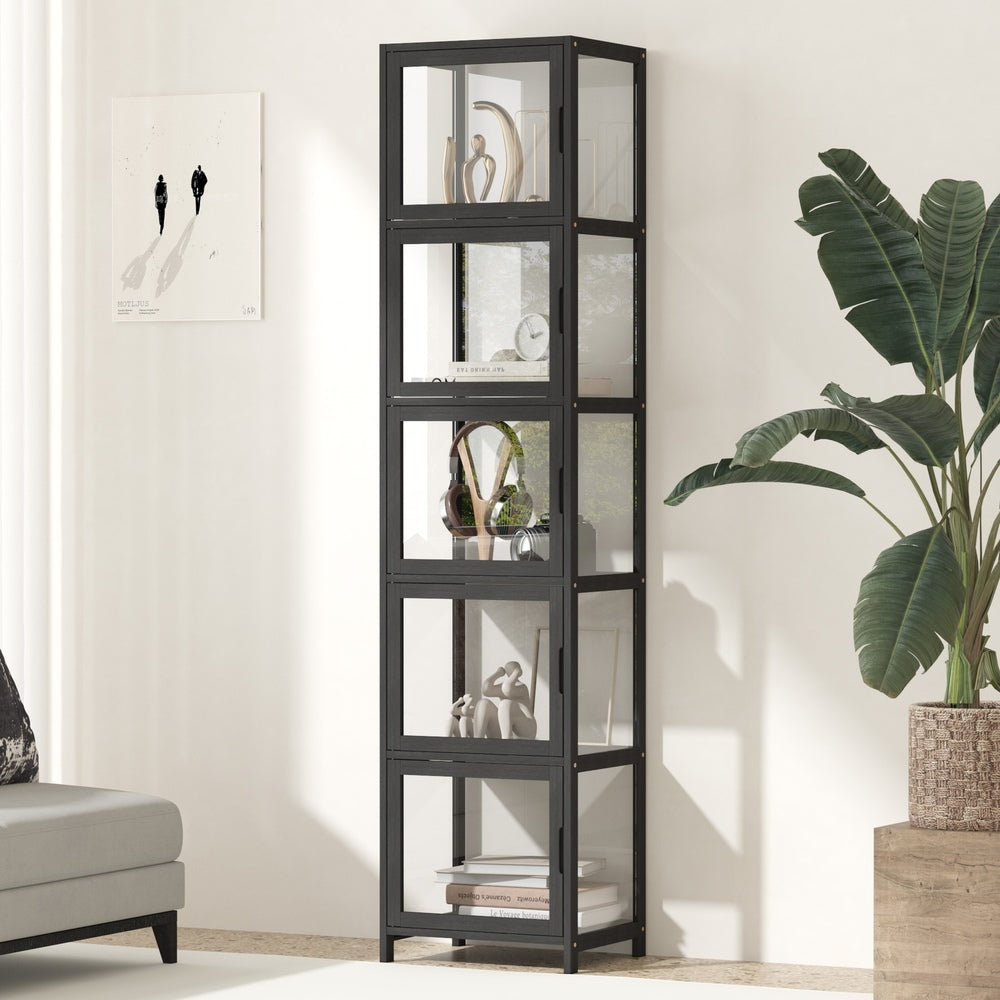 Oikiture Display Cabinet 5-Tier Slim Storage Shelves Black-Display Shelf-PEROZ Accessories