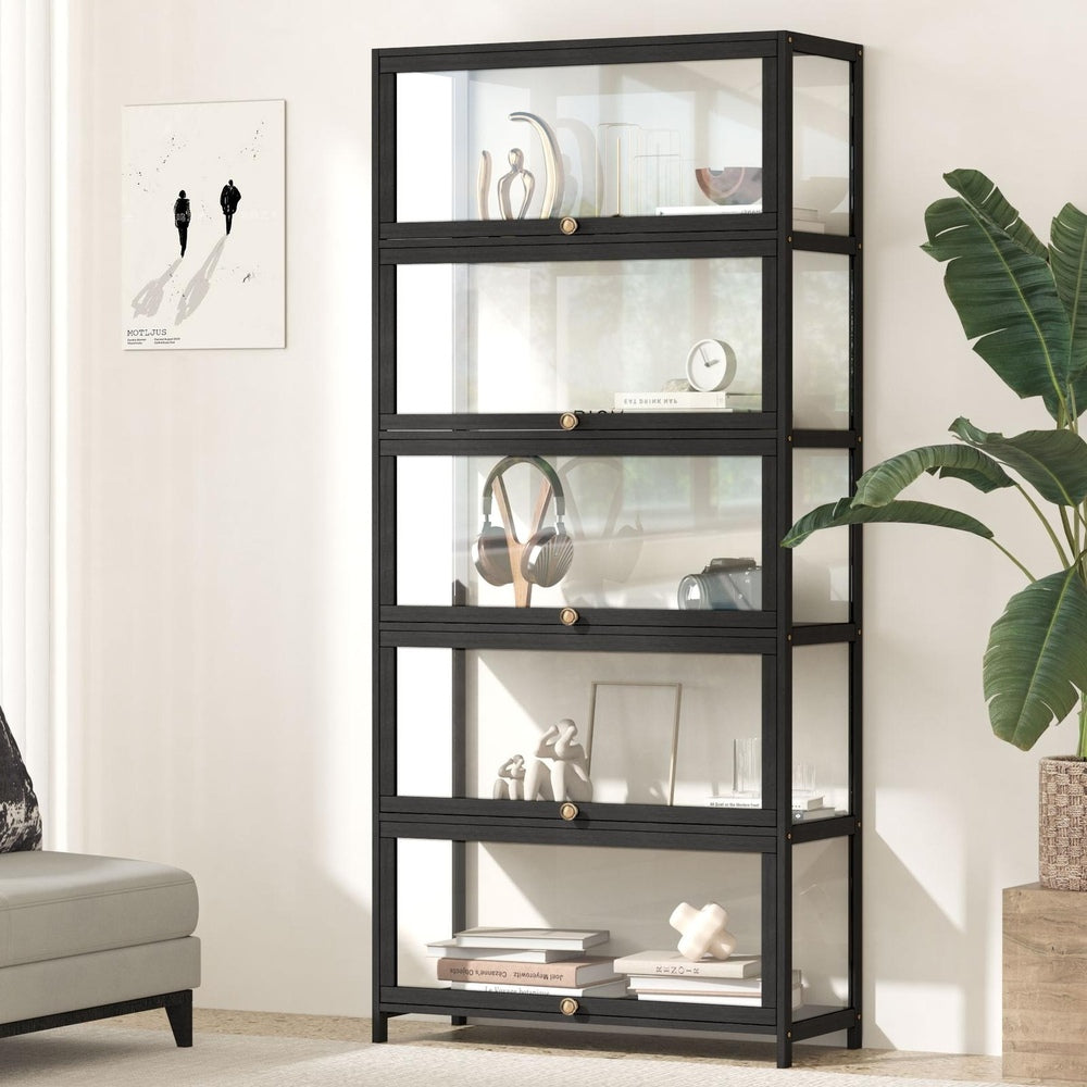 Oikiture Display Cabinet 5 Tiers Clear Door Black-Storage Cabinets-PEROZ Accessories