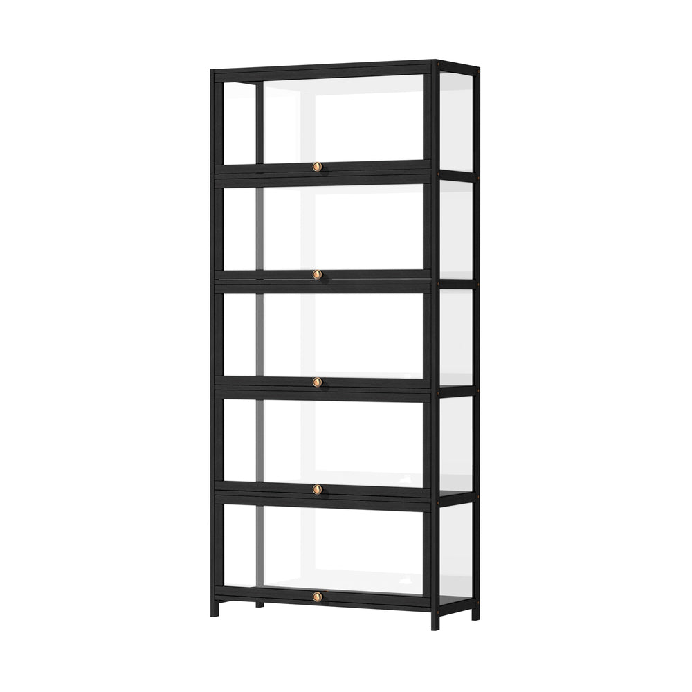 Oikiture Display Cabinet 5 Tiers Clear Door Black-Storage Cabinets-PEROZ Accessories