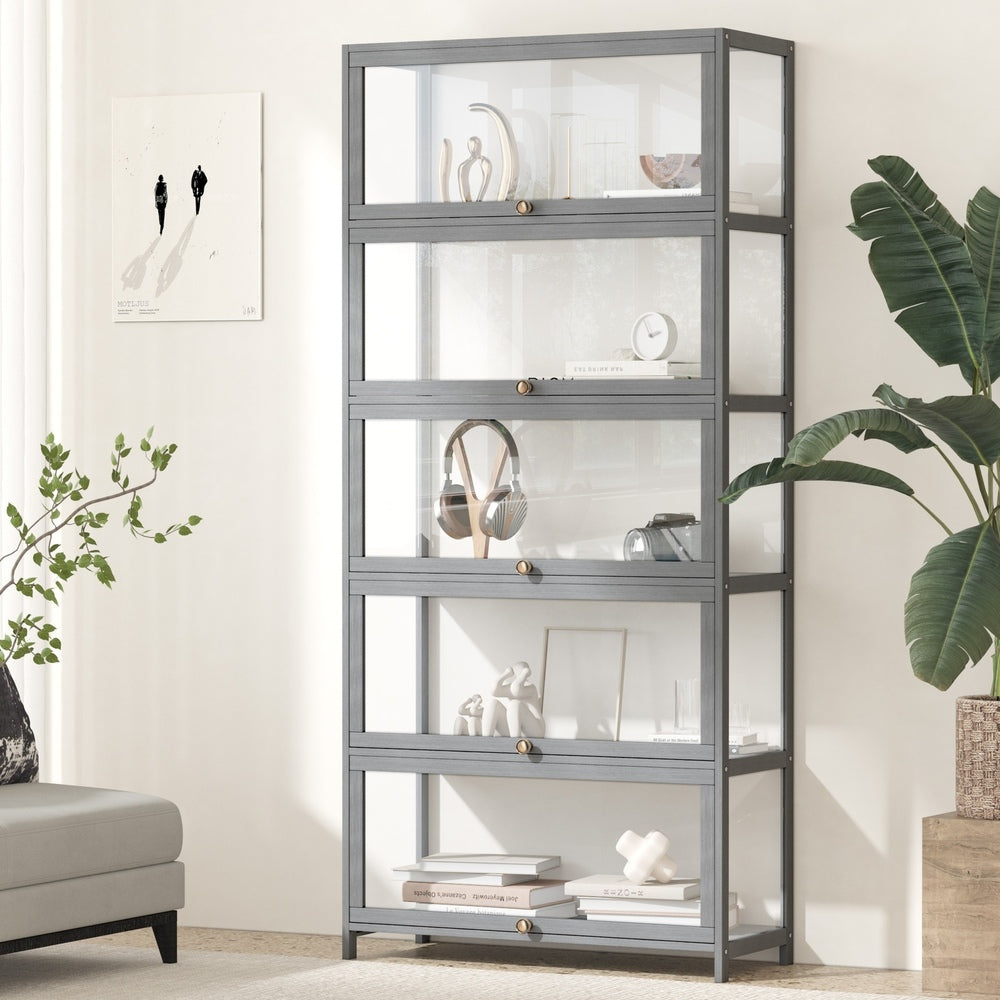 Oikiture Display Cabinet 5 Tiers Clear Door Grey-Storage Cabinets-PEROZ Accessories