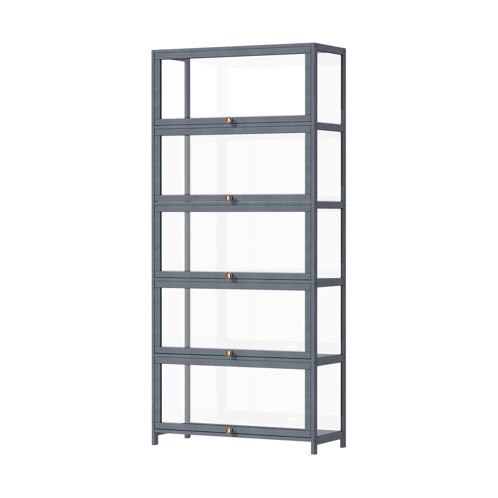Oikiture Display Cabinet 5 Tiers Clear Door Grey-Storage Cabinets-PEROZ Accessories