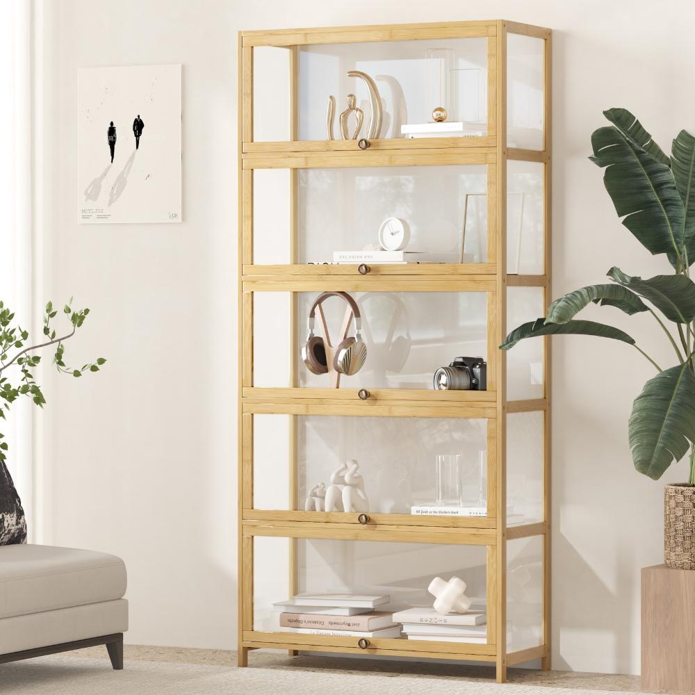 Oikiture Display Cabinet 5-Tier Clear Shelves Oak-Storage Cabinets-PEROZ Accessories