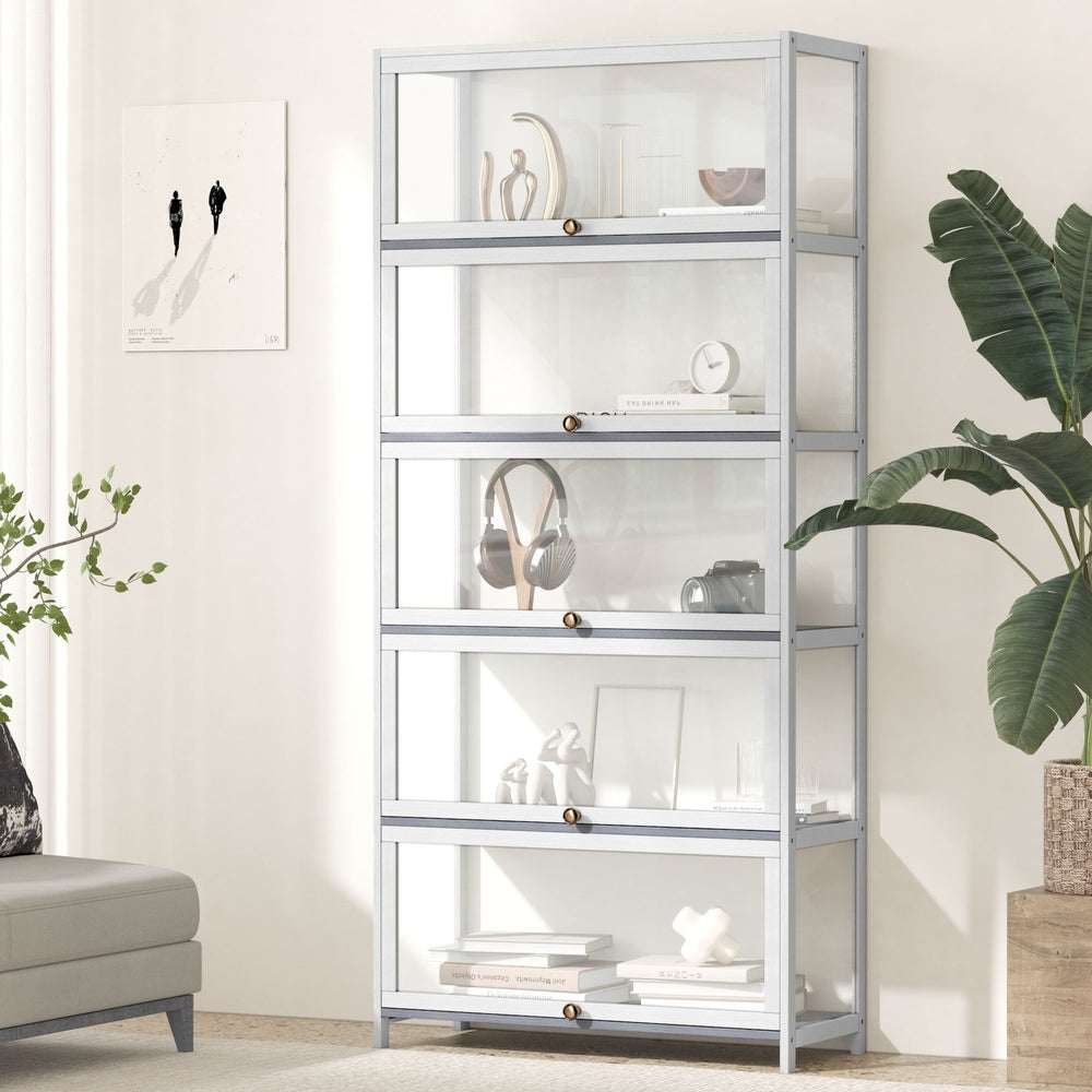 Oikiture Display Cabinet 5 Tiers Clear Door White-Storage Cabinets-PEROZ Accessories