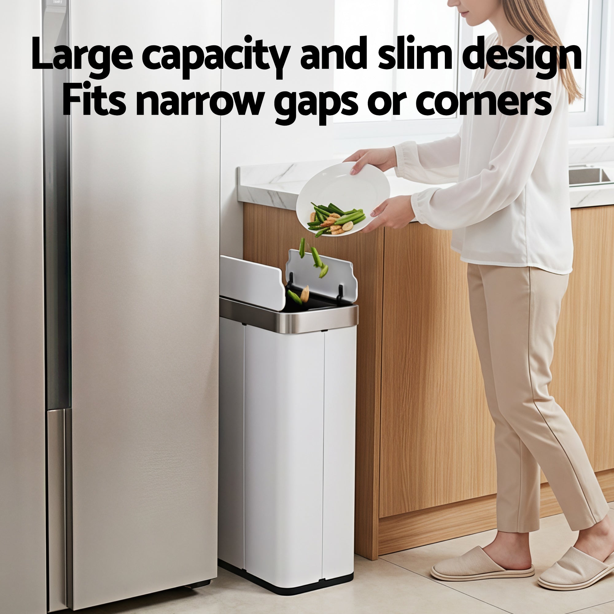 Devanti Rubbish Bin 70L Automatic Sensor Kitchen Bin, Slim Smart Garbage Can Touchless Rectangular with Liner Holder, Fully Closed Lid for Bedroom, Bathroom, Living Room, White-Home & Garden > Kitchen Bins > Automatic Bins-PEROZ Accessories