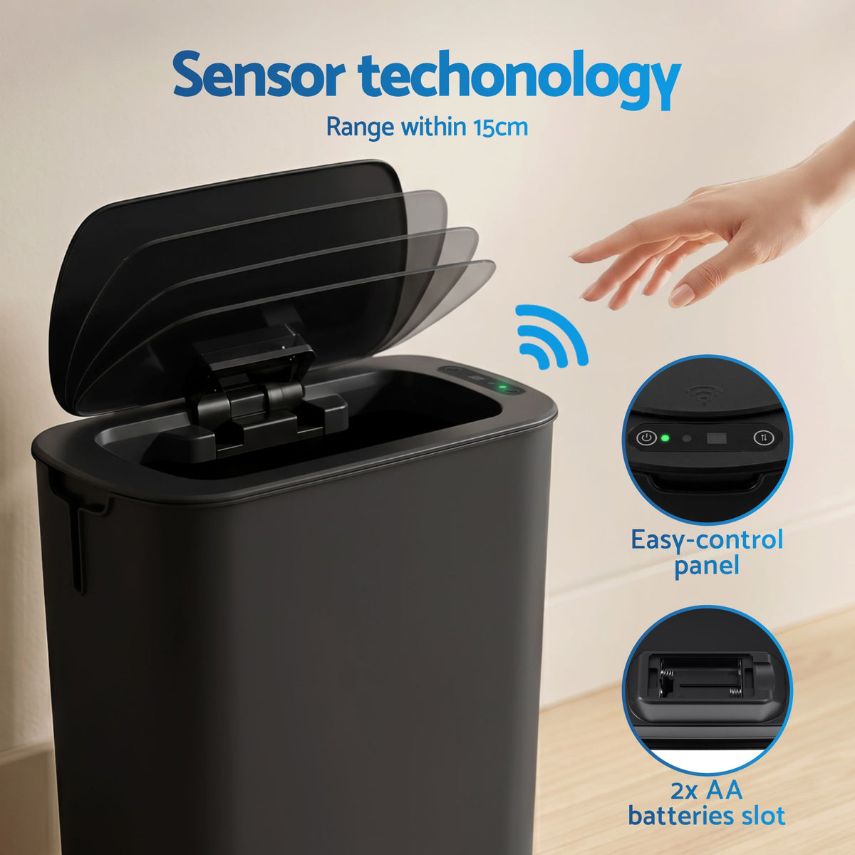 Devanti Automatic Trash Bin with Lid 11L Motion Sensor Kitchen Bin Touchless Garbage Can Modern Black Plastic Slim Rubbish Bin with Liner Holder for Kitchen, Home, Office