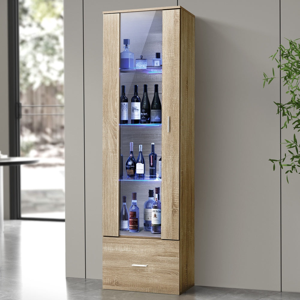 Oikiture Display Cabinet Buffet Sideboard LED Light High Gloss Door Natural-Sideboard-PEROZ Accessories