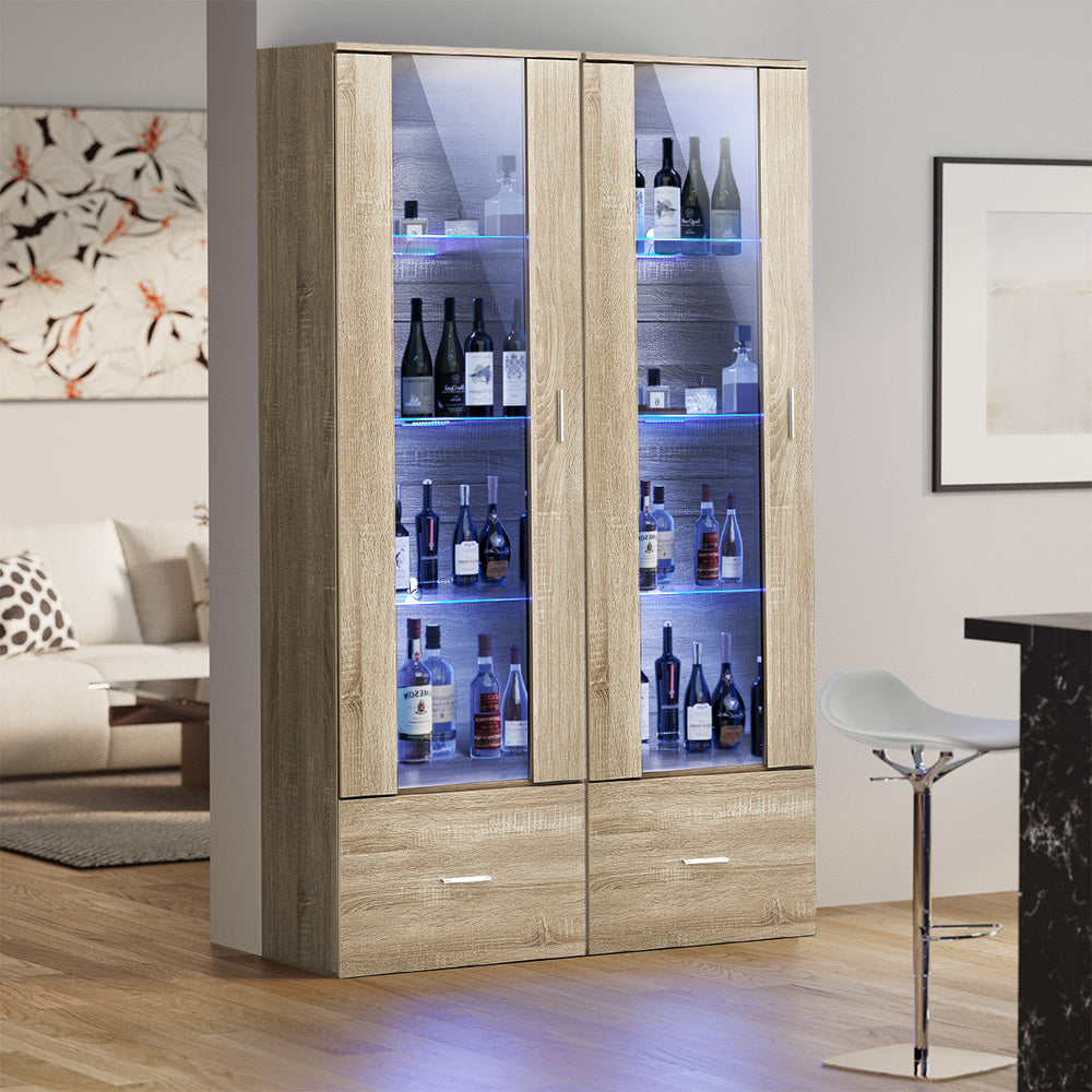 Oikiture Display Cabinet Buffet Sideboard LED Light High Gloss Door Natural-Sideboard-PEROZ Accessories